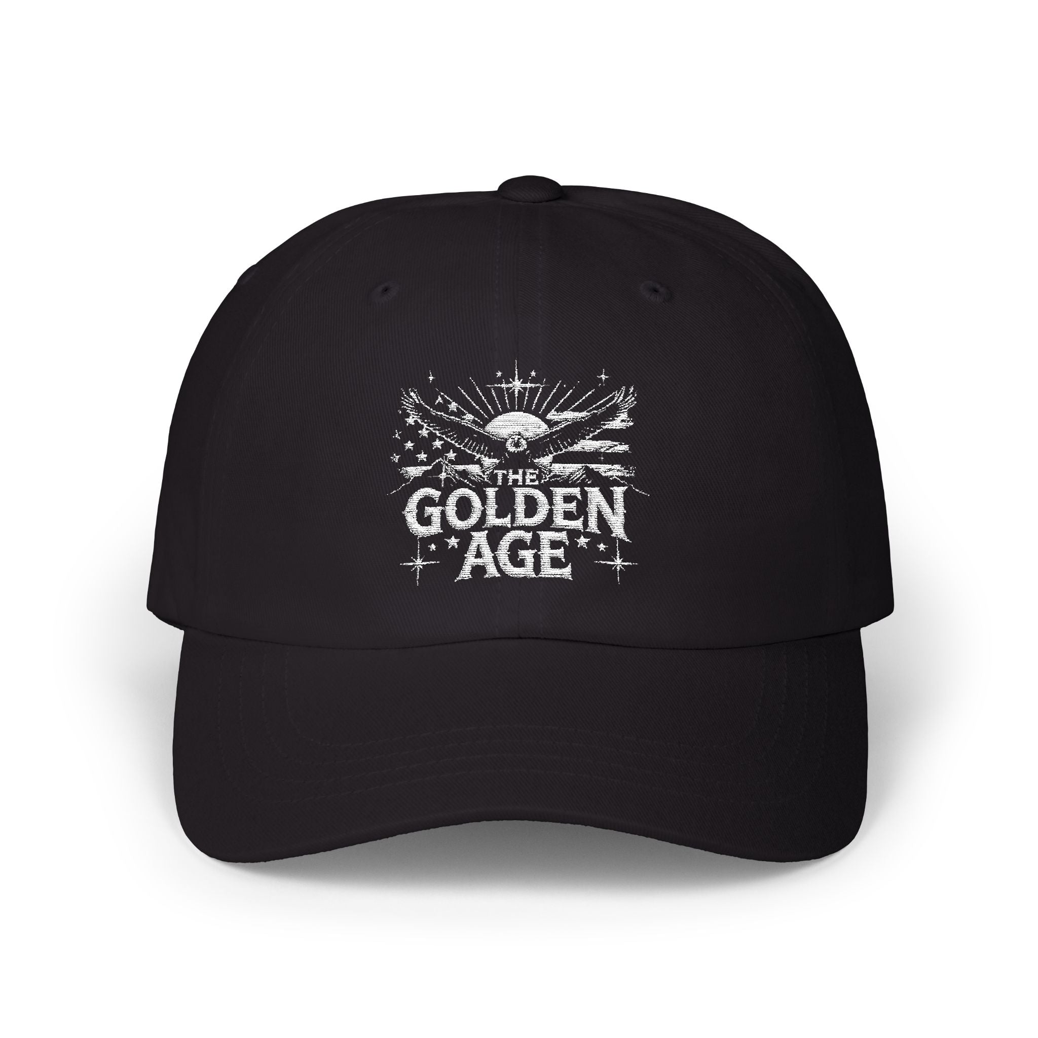 6 panel classic dad hat "THE GODLEN AGE" with American flag, bald eagle, mountains #American #MadeinAmerica #MadeinUSA #USA #USApride #America  #americanmade #americanmadeproduct #americanmadeproducts #productsmadeinAmerica #USAmade #productmadeinUSA #productsmadeinUSA #Americanflag #USAflag