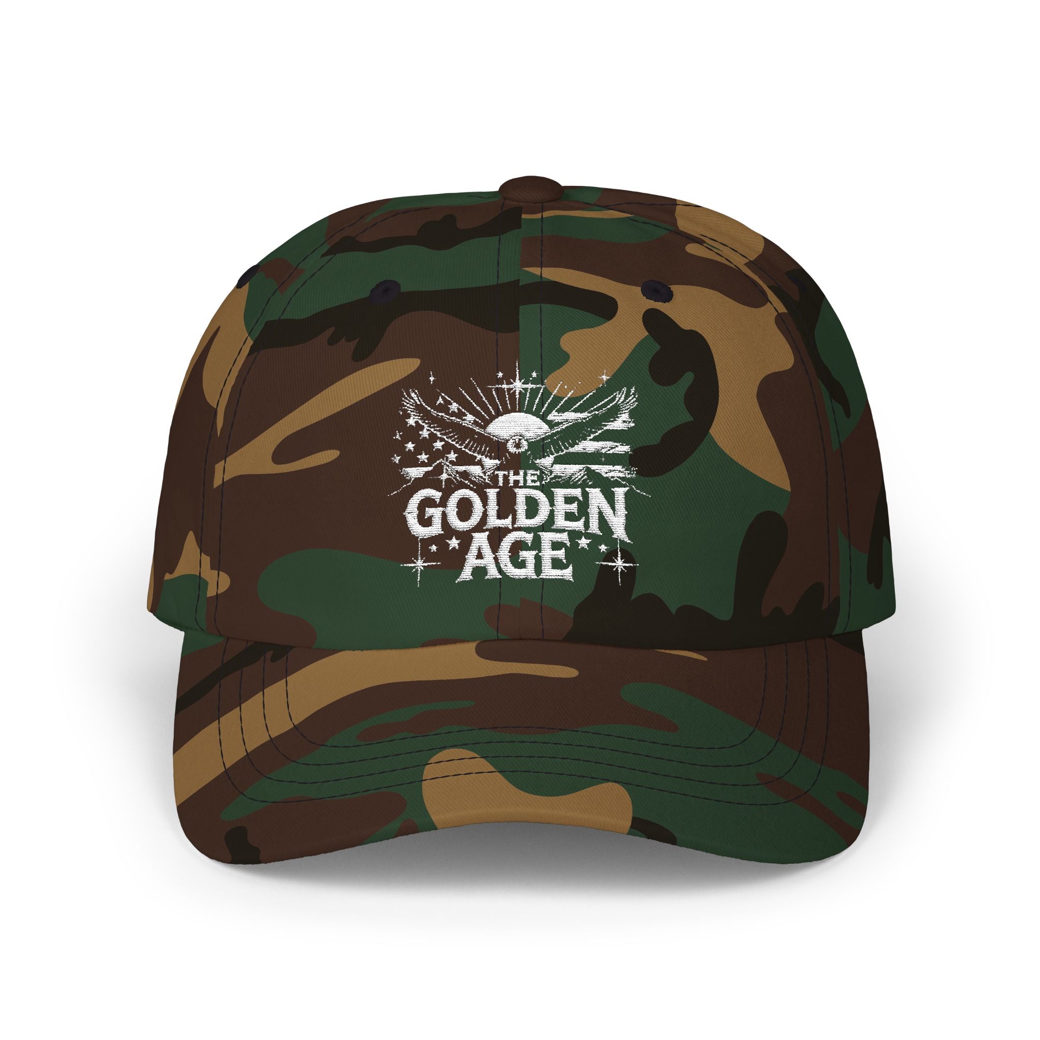 6 panel classic dad hat "THE GODLEN AGE" with American flag, bald eagle, mountains #American #MadeinAmerica #MadeinUSA #USA #USApride #America  #americanmade #americanmadeproduct #americanmadeproducts #productsmadeinAmerica #USAmade #productmadeinUSA #productsmadeinUSA #Americanflag #USAflag