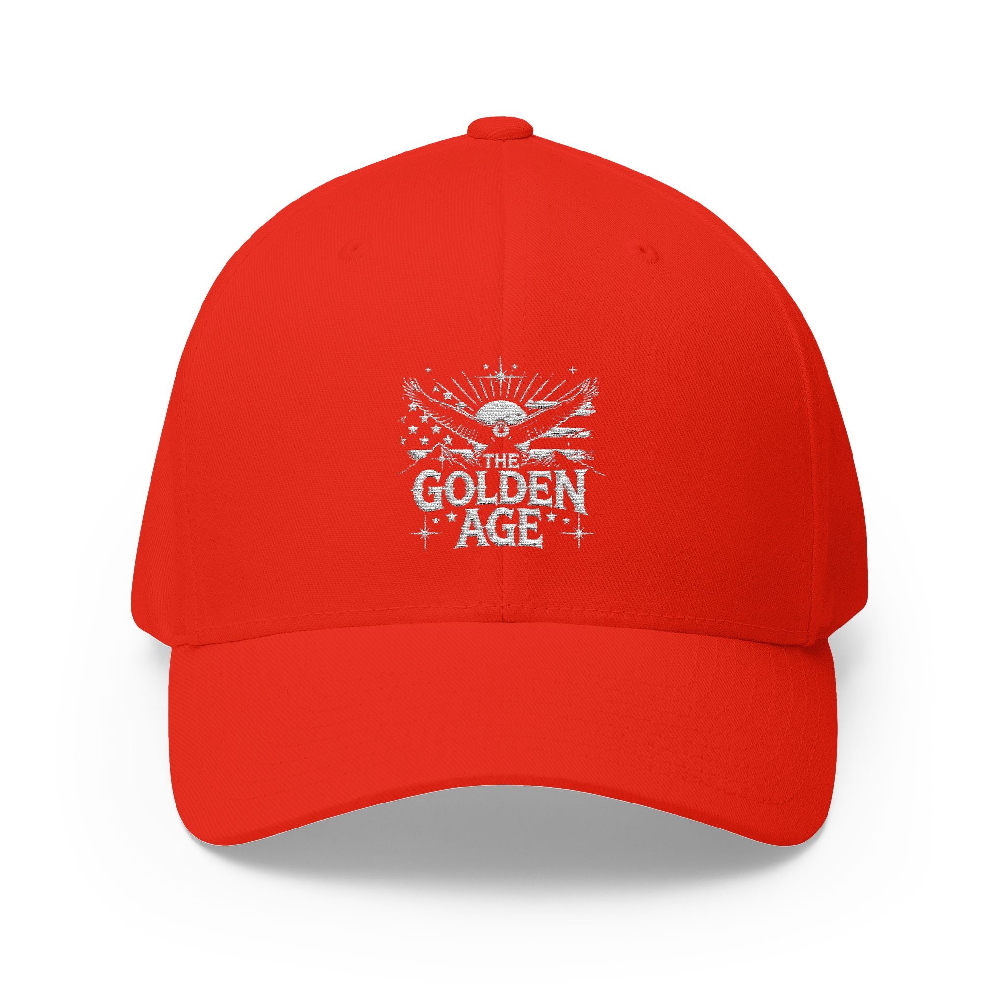  6 panel BASEBALL HAT with text "THE GOLDEN AGE" bald eagle and American flag #American #MadeinAmerica #MadeinUSA #USA #USApride #America  #americanmade #americanmadeproduct #americanmadeproducts #productsmadeinAmerica #USAmade #productmadeinUSA #productsmadeinUSA #Americanflag #USAflag