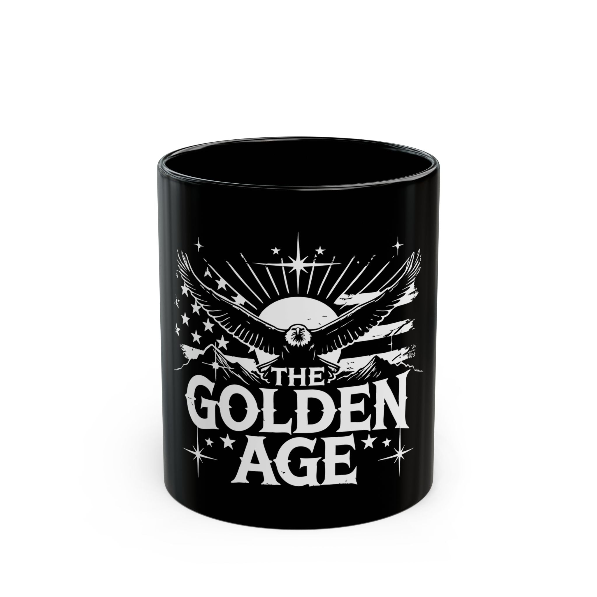 A black ceramic mug with a graphic design depicting an eagle and the text 'THE GOLDEN AGE'.