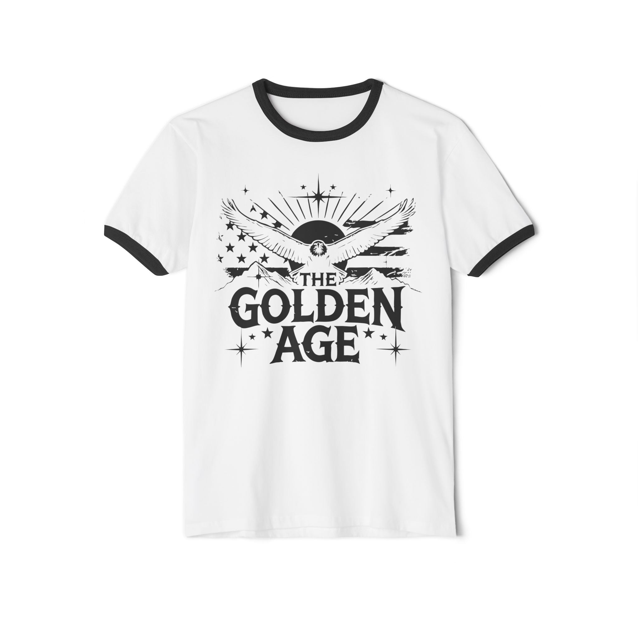 A white unisex cotton ringer t-shirt with black text and graphics on the front, including the phrase 'THE GOLDEN AGE'.