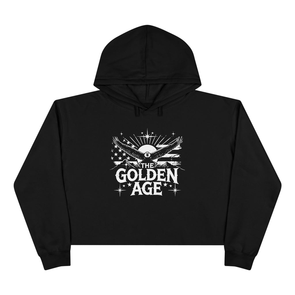 Black crop hoodie with 'The Golden Age' graphic print on the front.