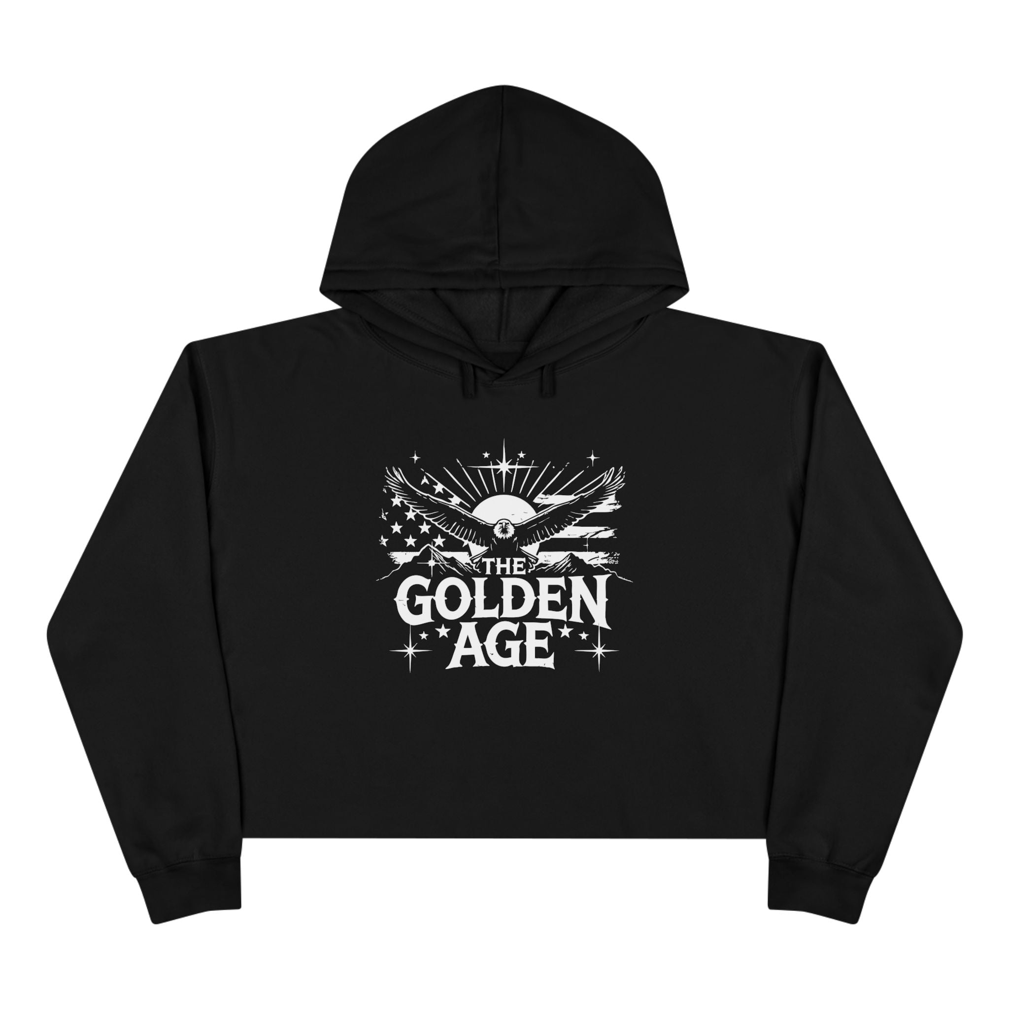 Black crop hoodie with 'The Golden Age' graphic print on the front.