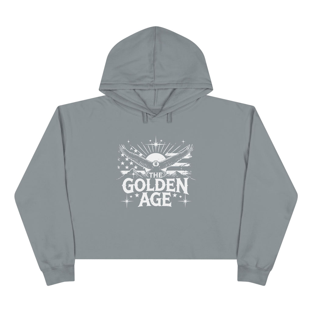 Black crop hoodie with 'The Golden Age' graphic print on the front.