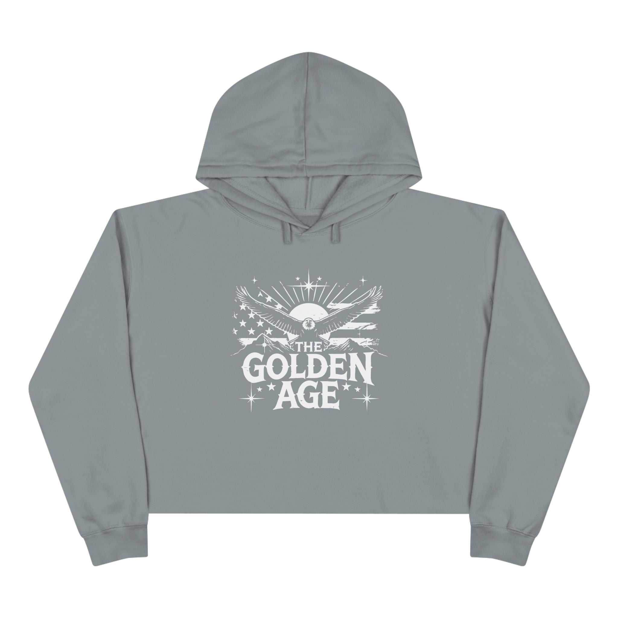 Black crop hoodie with 'The Golden Age' graphic print on the front.