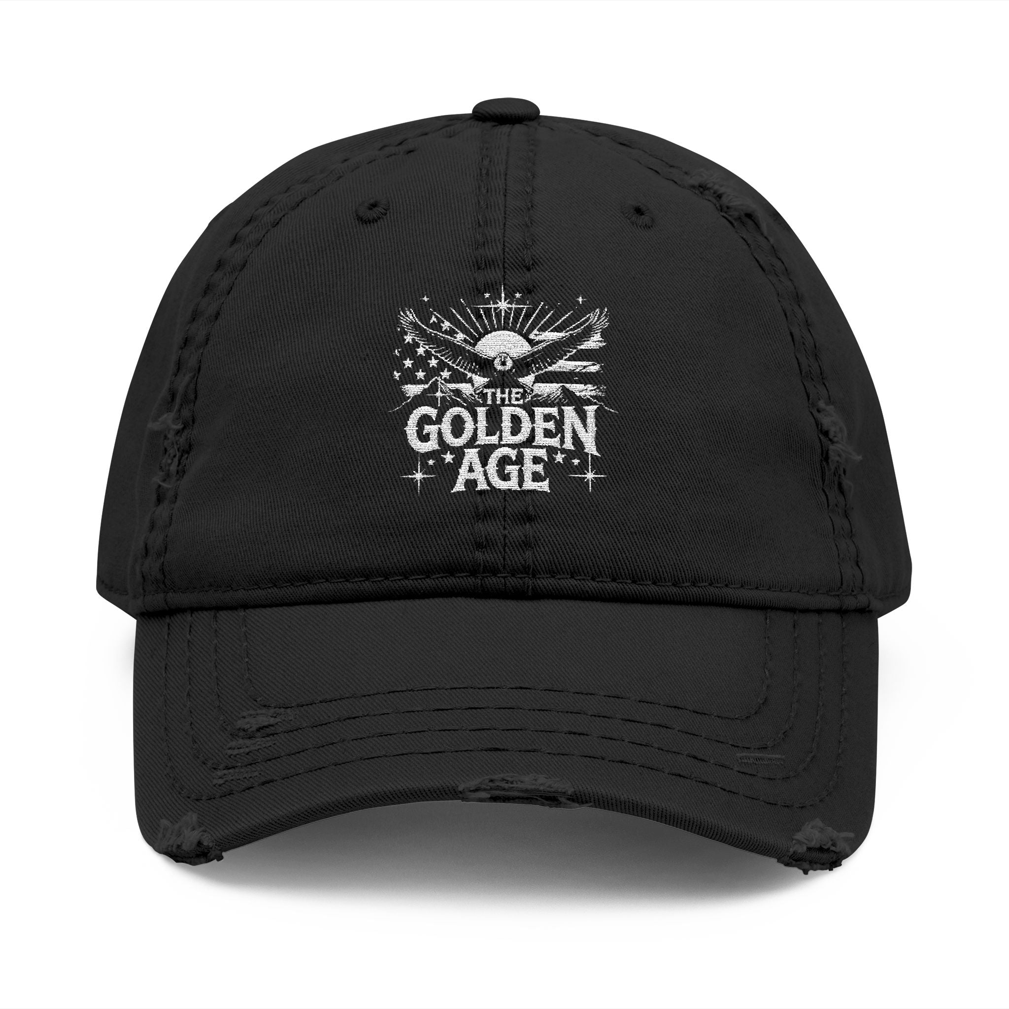 Black 6 panel distressed dad hat "THE GODLEN AGE" with American flag, bald eagle, mountains #American #MadeinAmerica #MadeinUSA #USA #USApride #America  #americanmade #americanmadeproduct #americanmadeproducts #productsmadeinAmerica #USAmade #productmadeinUSA #productsmadeinUSA #Americanflag #USAflag