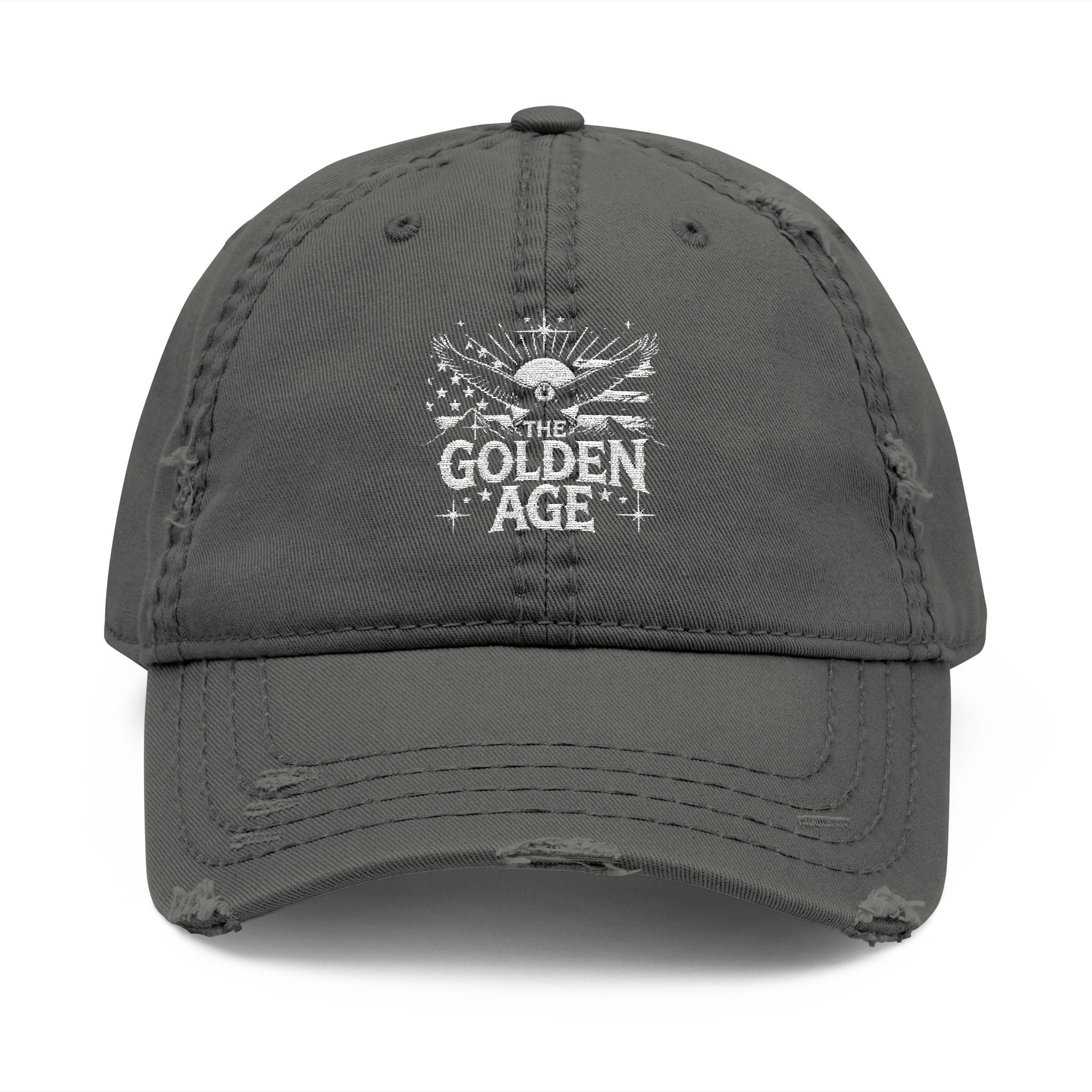 Grey 6 panel distressed dad hat "THE GODLEN AGE" with American flag, bald eagle, mountains #American #MadeinAmerica #MadeinUSA #USA #USApride #America  #americanmade #americanmadeproduct #americanmadeproducts #productsmadeinAmerica #USAmade #productmadeinUSA #productsmadeinUSA #Americanflag #USAflag