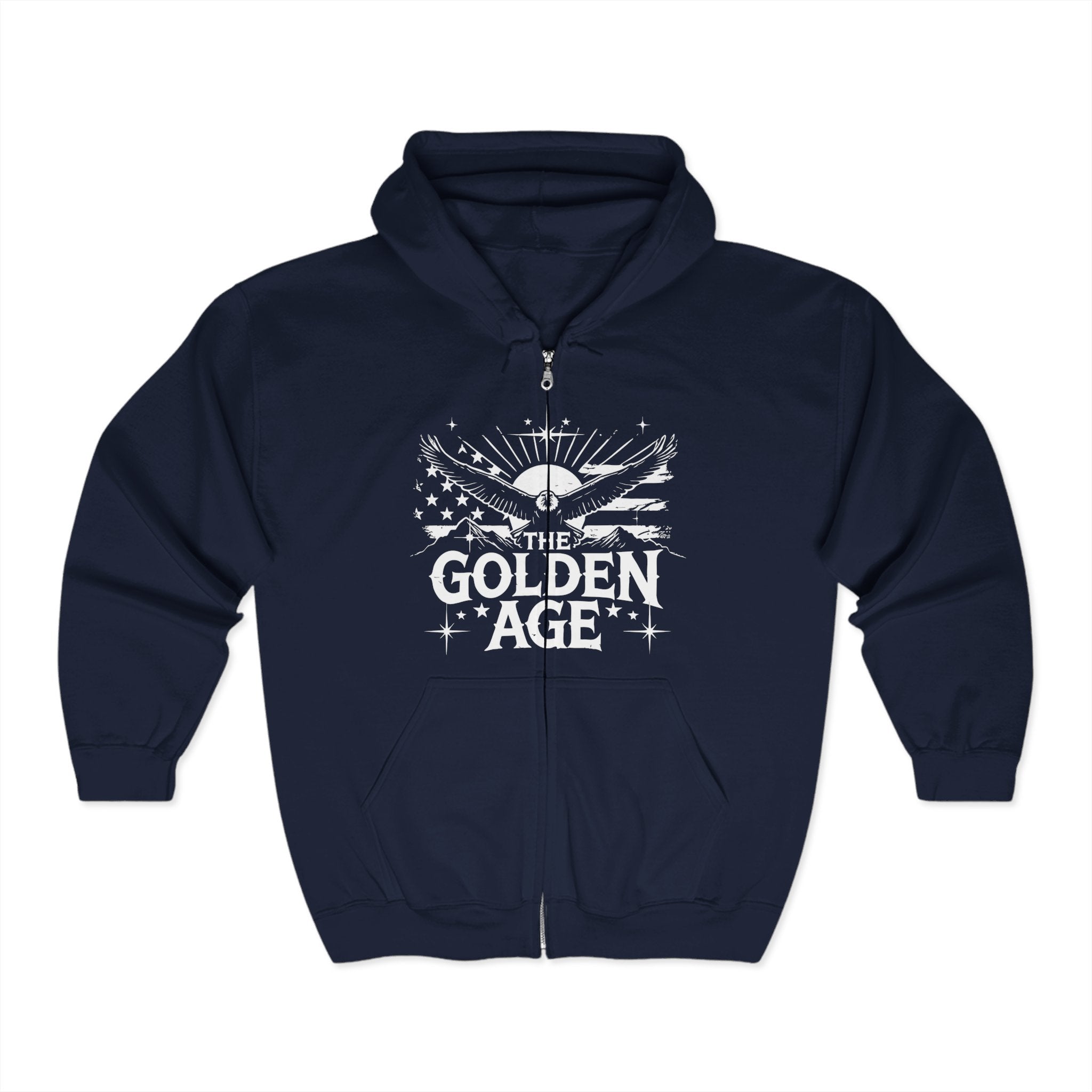 A navy blue full zip hoodie with 'THE GOLDEN AGE' text and graphics on the front.