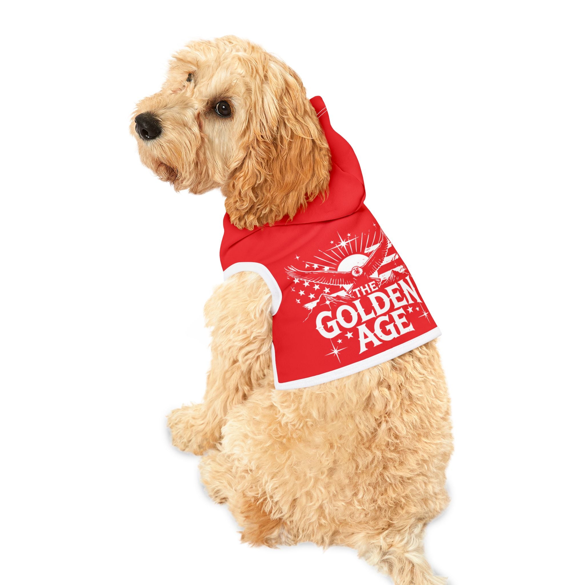 Red pet hoodie with white trim and white text "The Golden Age" with American flag, bald eagle, mountains, stars and sun artistic image on dog #TheGoldenAge #American #MadeinAmerica #MadeinUSA #USA #USApride #America #mountains #sun #Americanflag #USAflag #doghoodie #dog #dogs #pethoodie #pet #pets #americanmade #americanmadeproduct #americanmadeproducts  #americanmade #americanmadeproduct #americanmadeproducts #productsmadeinAmerica #productmadeinUSA #productsmadeinUSA
