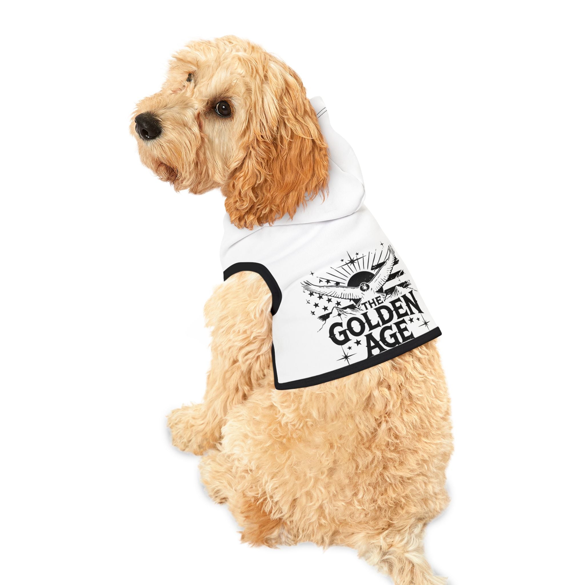 White pet hoodie with black trim and black text "The Golden Age" with American flag, bald eagle, mountains, stars and sun artistic image #TheGoldenAge #American #MadeinAmerica #MadeinUSA #USA #USApride #America #mountains #sun #Americanflag #USAflag #doghoodie #dog #dogs  #pethoodie #pet #pets #americanmade #americanmadeproduct #americanmadeproducts  #americanmade #americanmadeproduct #americanmadeproducts #productsmadeinAmerica #productmadeinUSA #productsmadeinUSA
