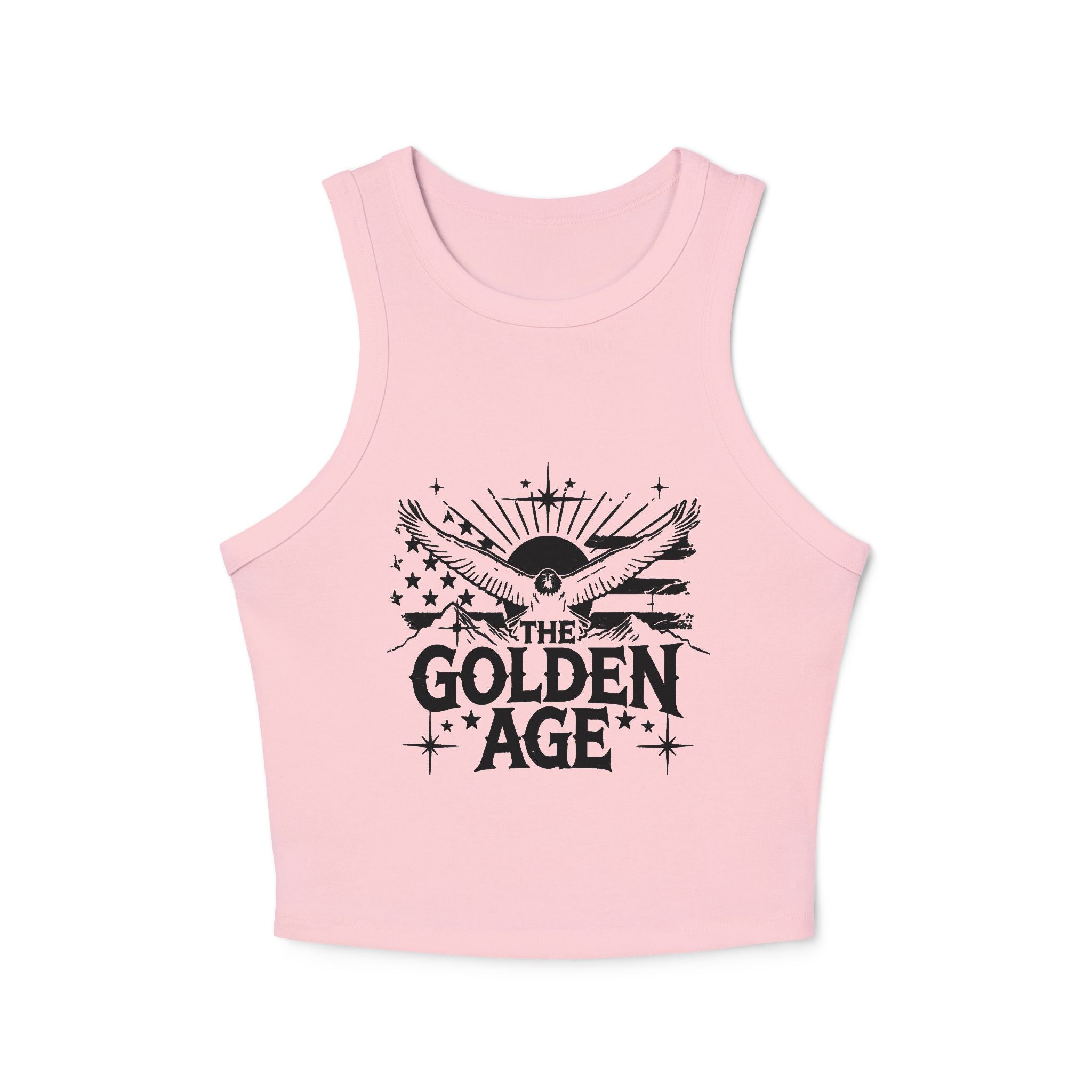 A pink women's micro rib racer tank top with a high neck and 'The Golden Age' printed graphic in the center. (For Americans Shop - American Merch, USA clothing)