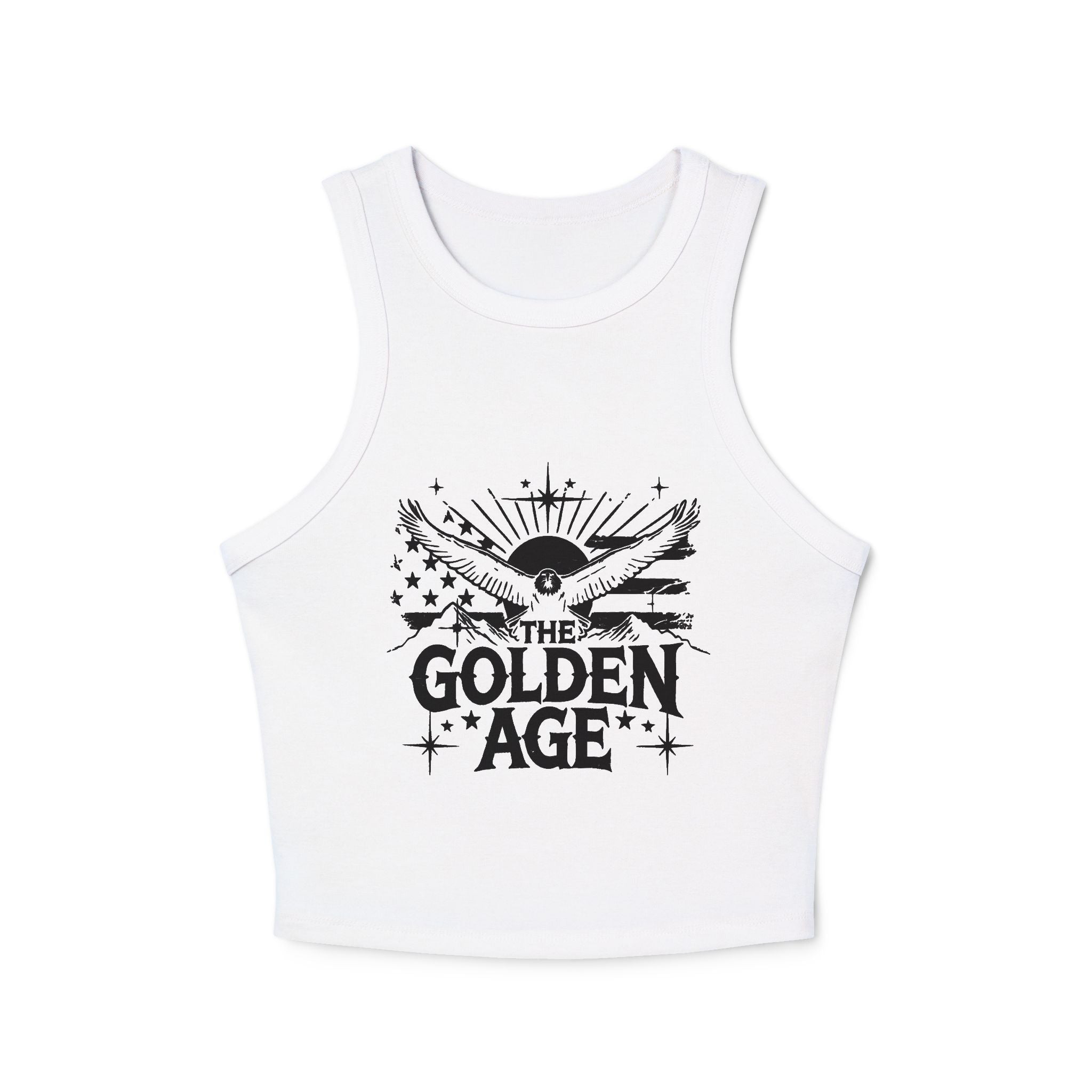 White micro rib racer tank top with a graphic print in the center that reads 'THE GOLDEN AGE' with a sun and wings design. (For Americans Shop - USA merch, USA clothing)