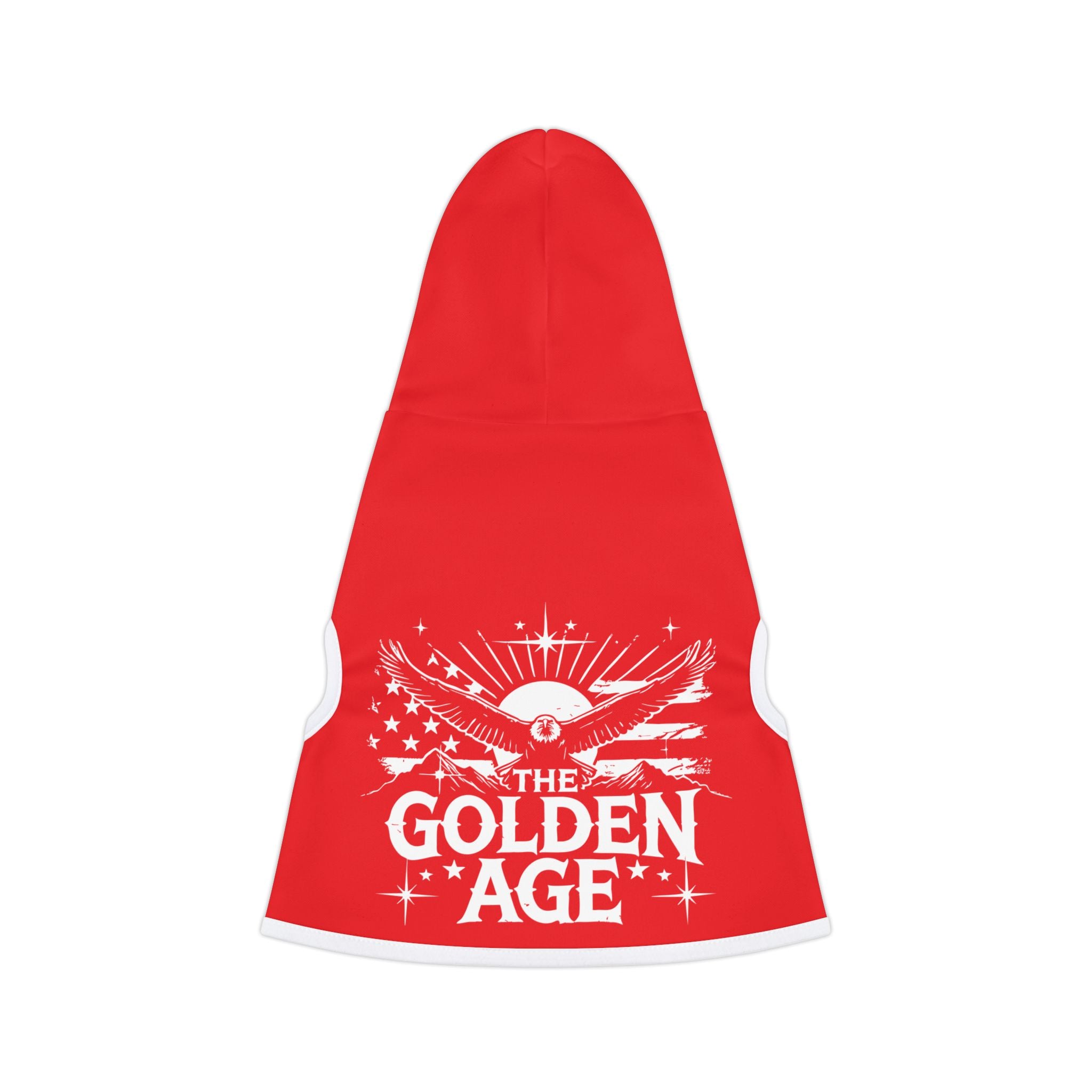 Red pet hoodie with white trim and white text "The Golden Age" with American flag, bald eagle, mountains, stars and sun artistic image #TheGoldenAge #American #MadeinAmerica #MadeinUSA #USA #USApride #America #mountains #sun #Americanflag #USAflag #doghoodie #dog #dogs #pethoodie #pet #pets #americanmade #americanmadeproduct #americanmadeproducts  #americanmade #americanmadeproduct #americanmadeproducts #productsmadeinAmerica #productmadeinUSA #productsmadeinUSA
