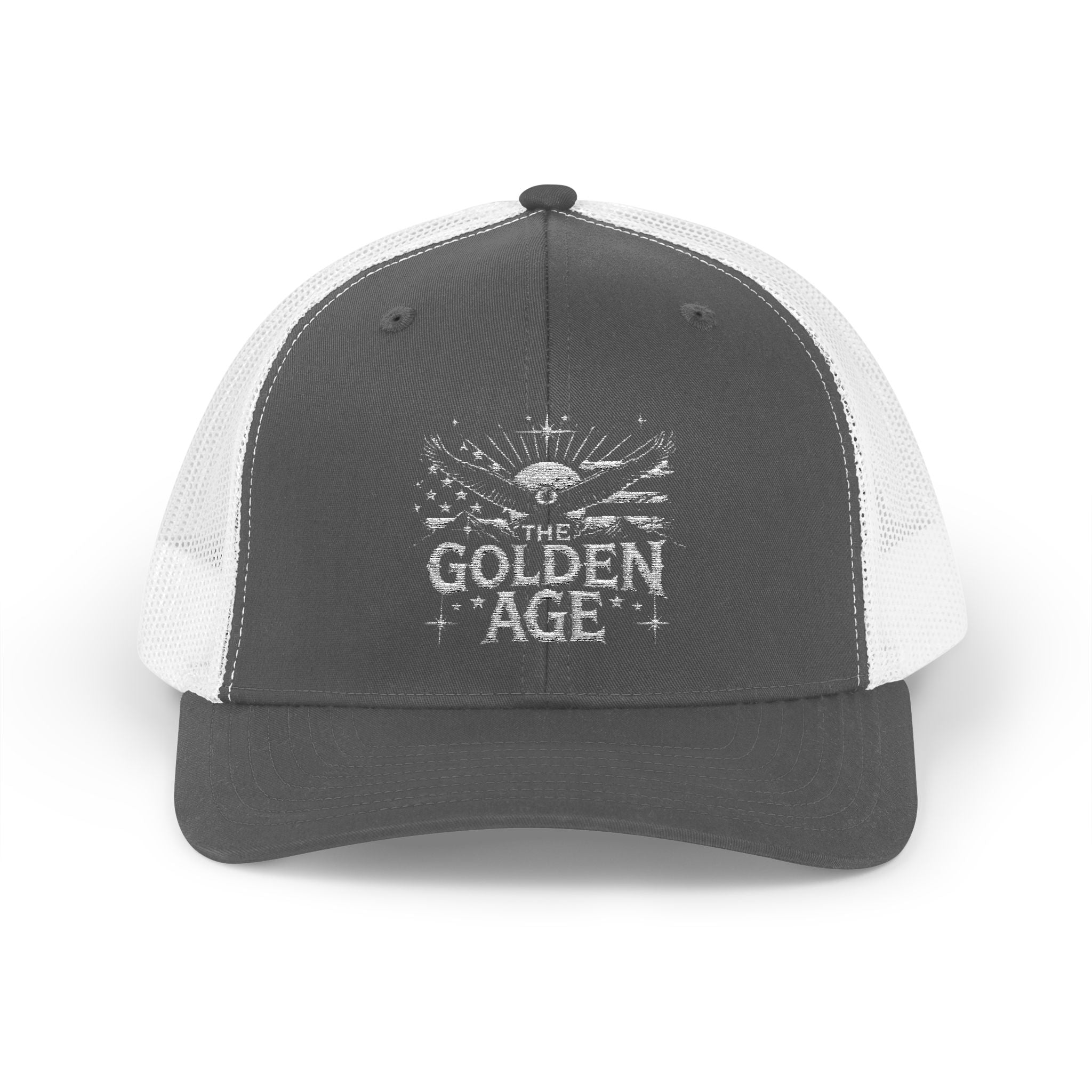 Grey and white 6 panel trucker hat/trucker cap with text "THE GOLDEN AGE" With bald eagle and stripe design #American #MadeinAmerica #MadeinUSA #USA #USApride #America  #americanmade #americanmadeproduct #americanmadeproducts #productsmadeinAmerica #USAmade #productmadeinUSA #productsmadeinUSA
