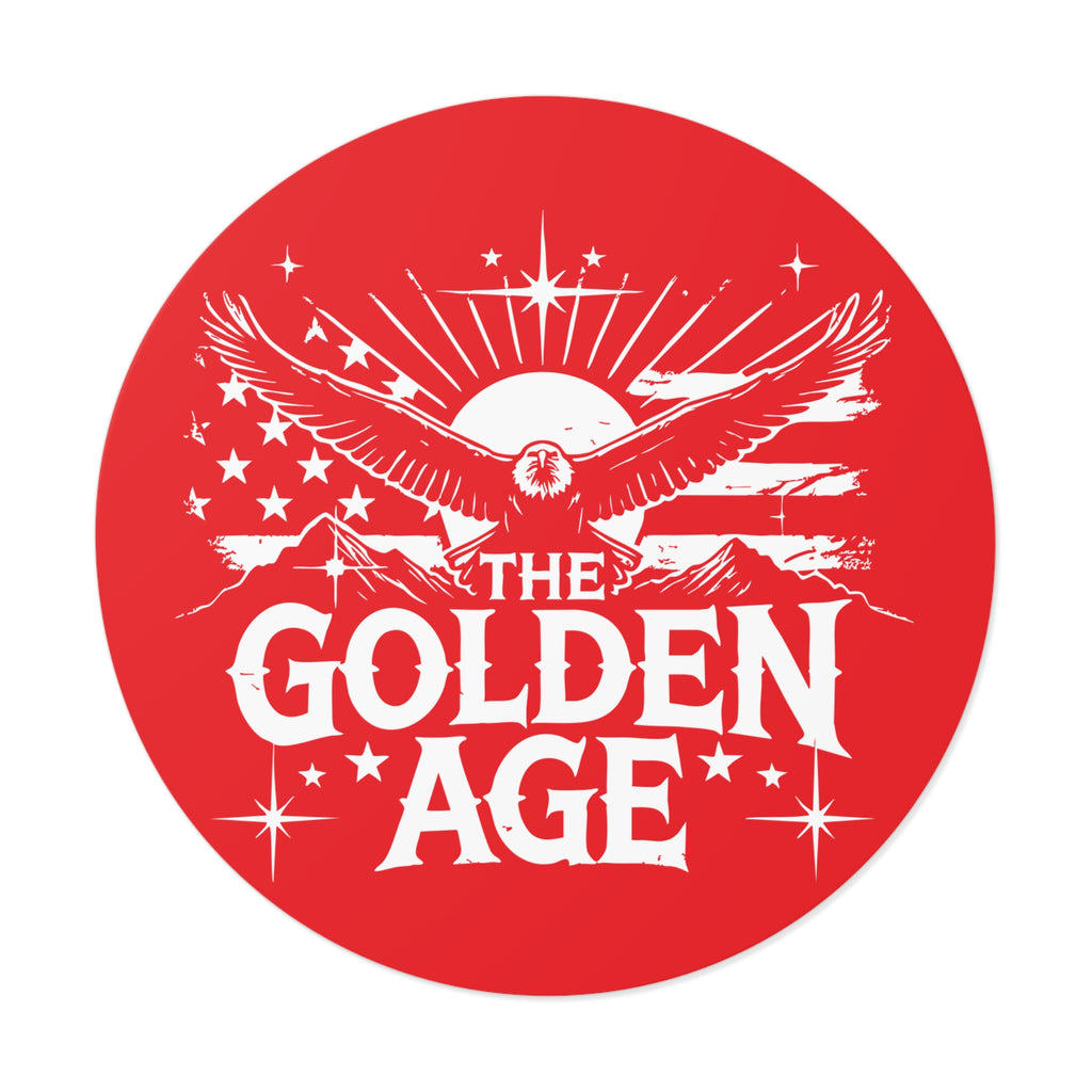 A round vinyl sticker with a patriotic design featuring an eagle and the text 'THE GOLDEN AGE', with a stars background, predominantly red.