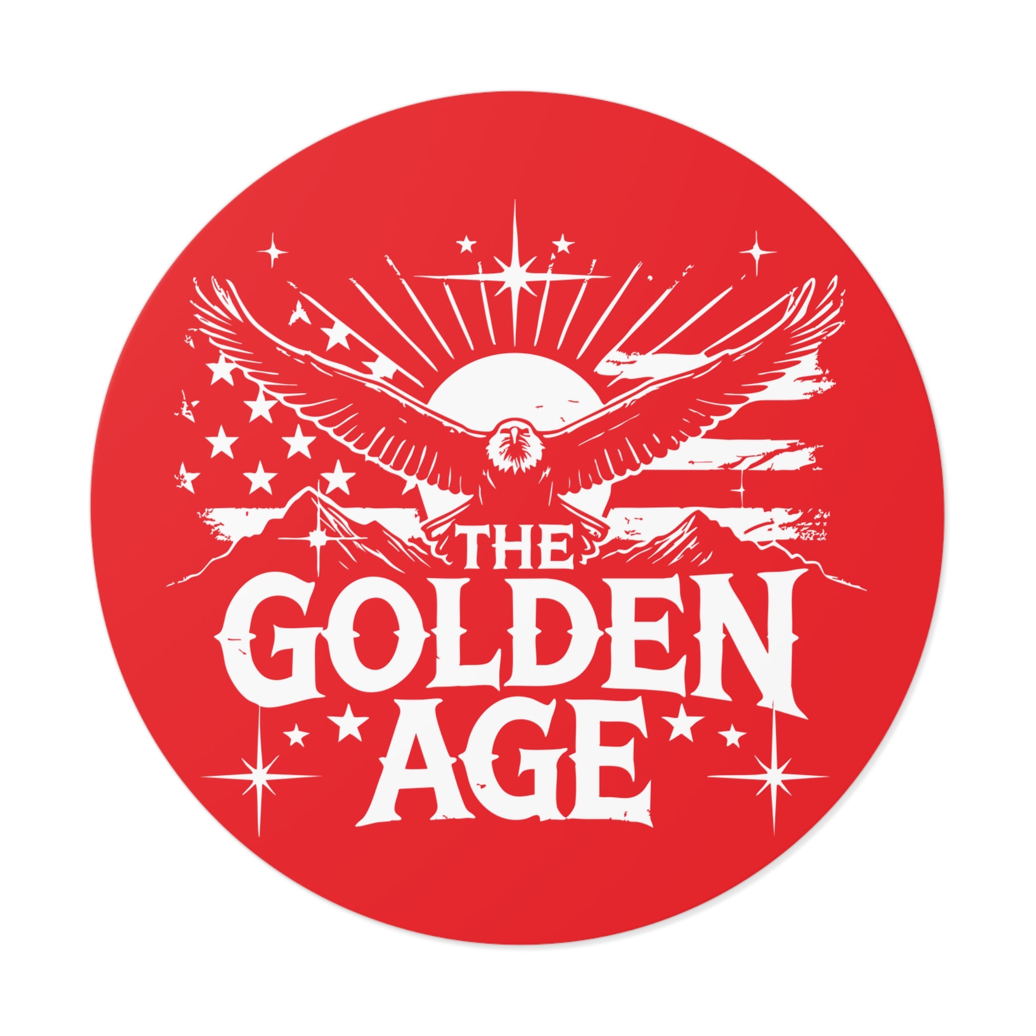 A round vinyl sticker with a patriotic design featuring an eagle and the text 'THE GOLDEN AGE', with a stars background, predominantly red.