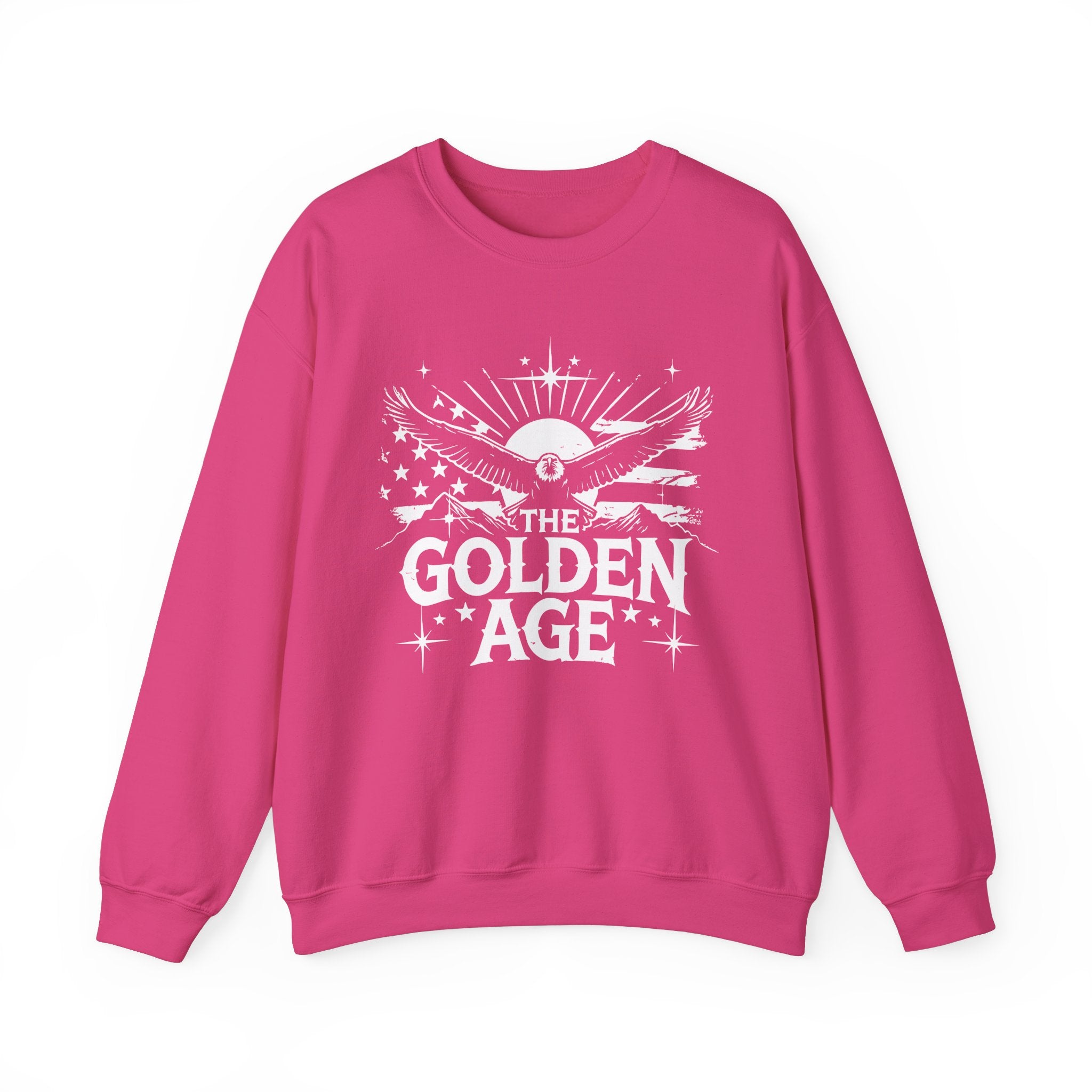A pink crewneck sweatshirt with 'THE GOLDEN AGE' text graphic design.