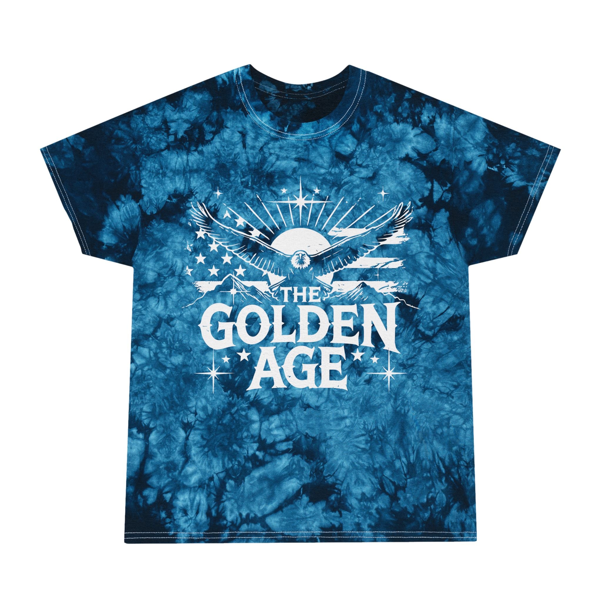 A blue tie-dye t-shirt with a graphic print of an eagle and the text 'THE GOLDEN AGE' on the front.