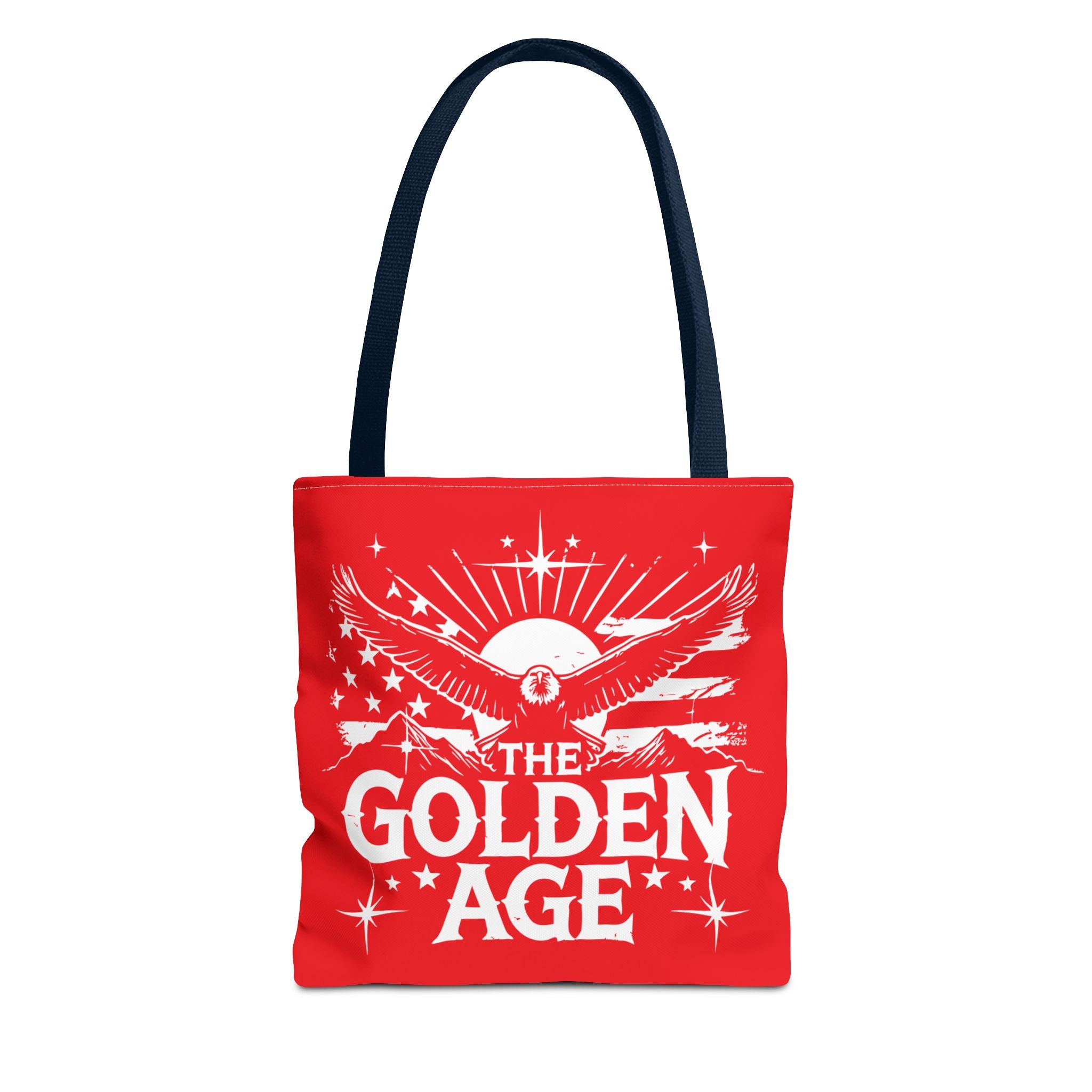 A red polyester tote bag with 'THE GOLDEN AGE' text and a graphical design featuring a sun and stars.
