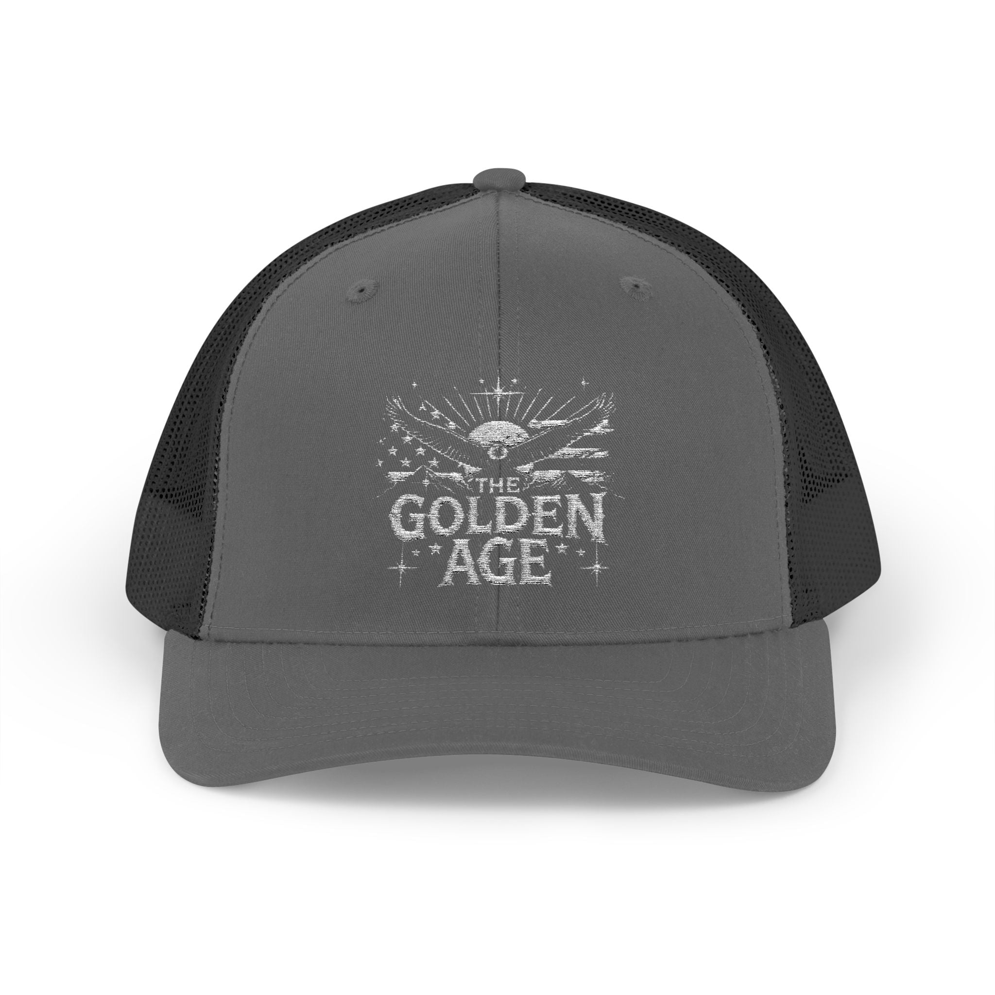 Grey and black 6 panel trucker hat/trucker cap with text "THE GOLDEN AGE" With bald eagle and stripe design #American #MadeinAmerica #MadeinUSA #USA #USApride #America  #americanmade #americanmadeproduct #americanmadeproducts #productsmadeinAmerica #USAmade #productmadeinUSA #productsmadeinUSA
