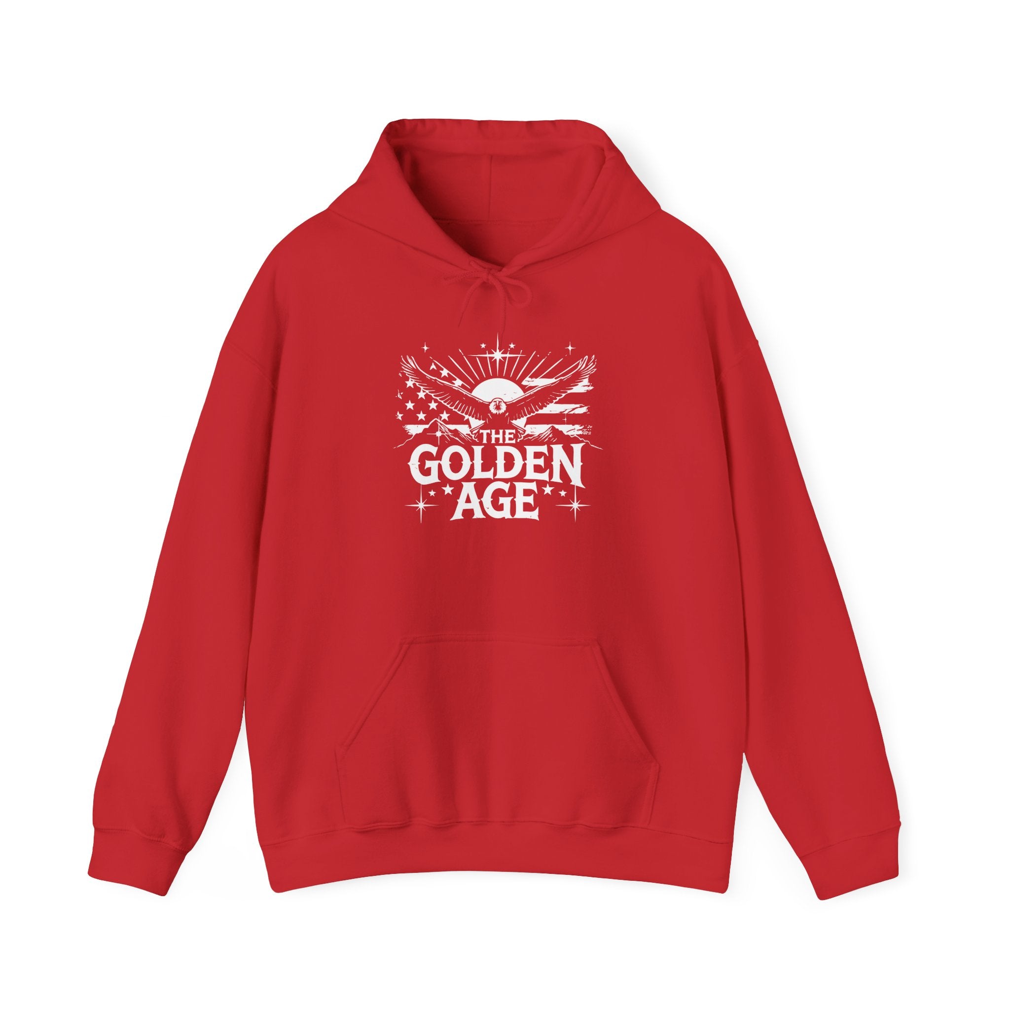 A red hooded sweatshirt with 'THE GOLDEN AGE' text and graphics on the front.