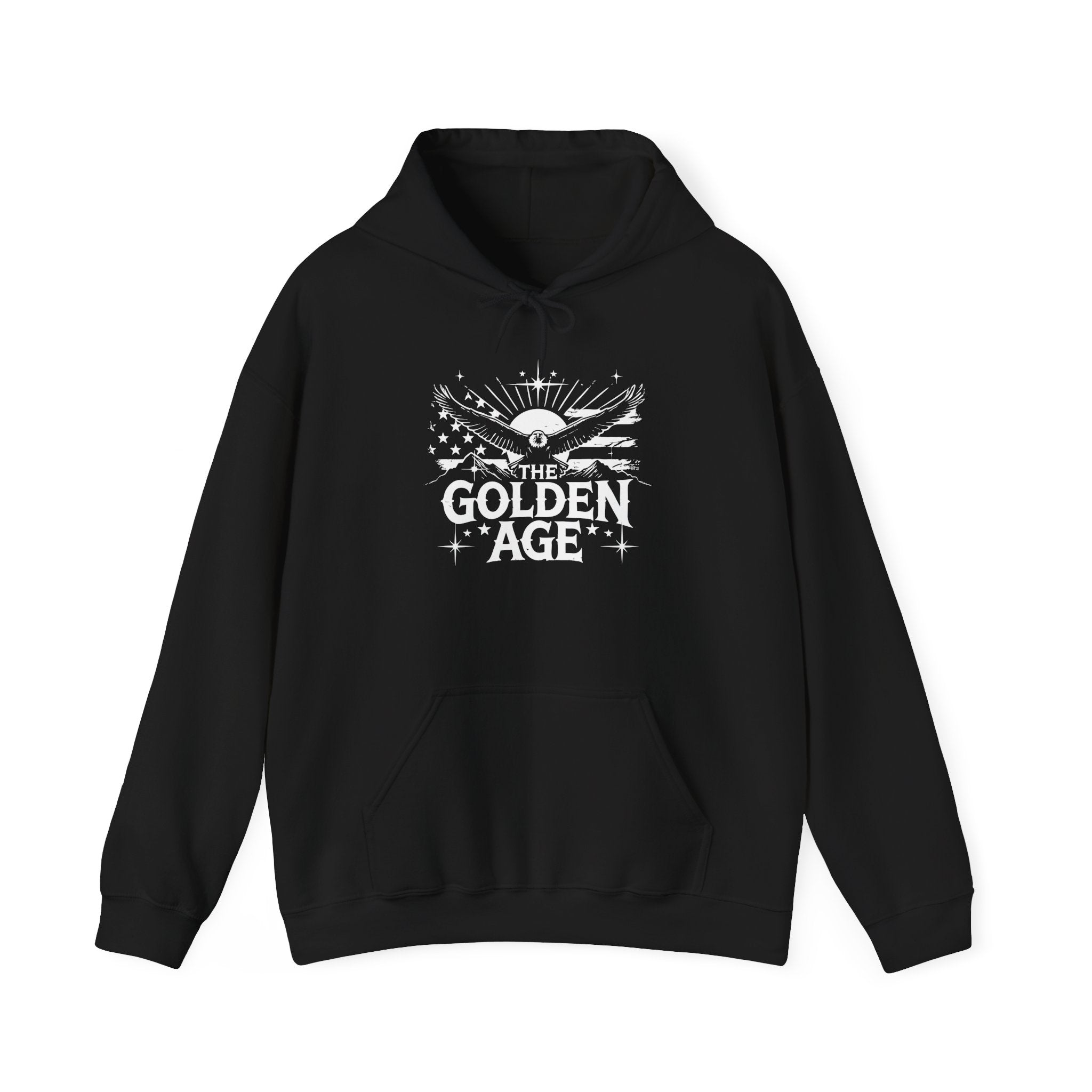 A black hooded sweatshirt with 'THE GOLDEN AGE' text and graphics on the front.