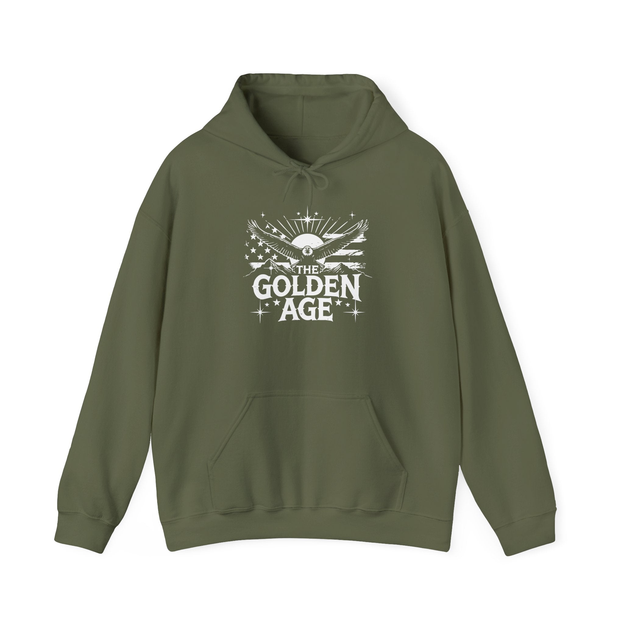 A green hooded sweatshirt with 'THE GOLDEN AGE' text and graphics on the front.