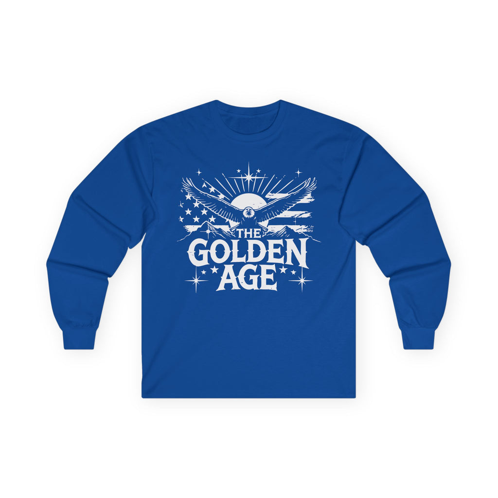A blue long sleeve unisex t-shirt with 'THE GOLDEN AGE' printed in white text on the front.