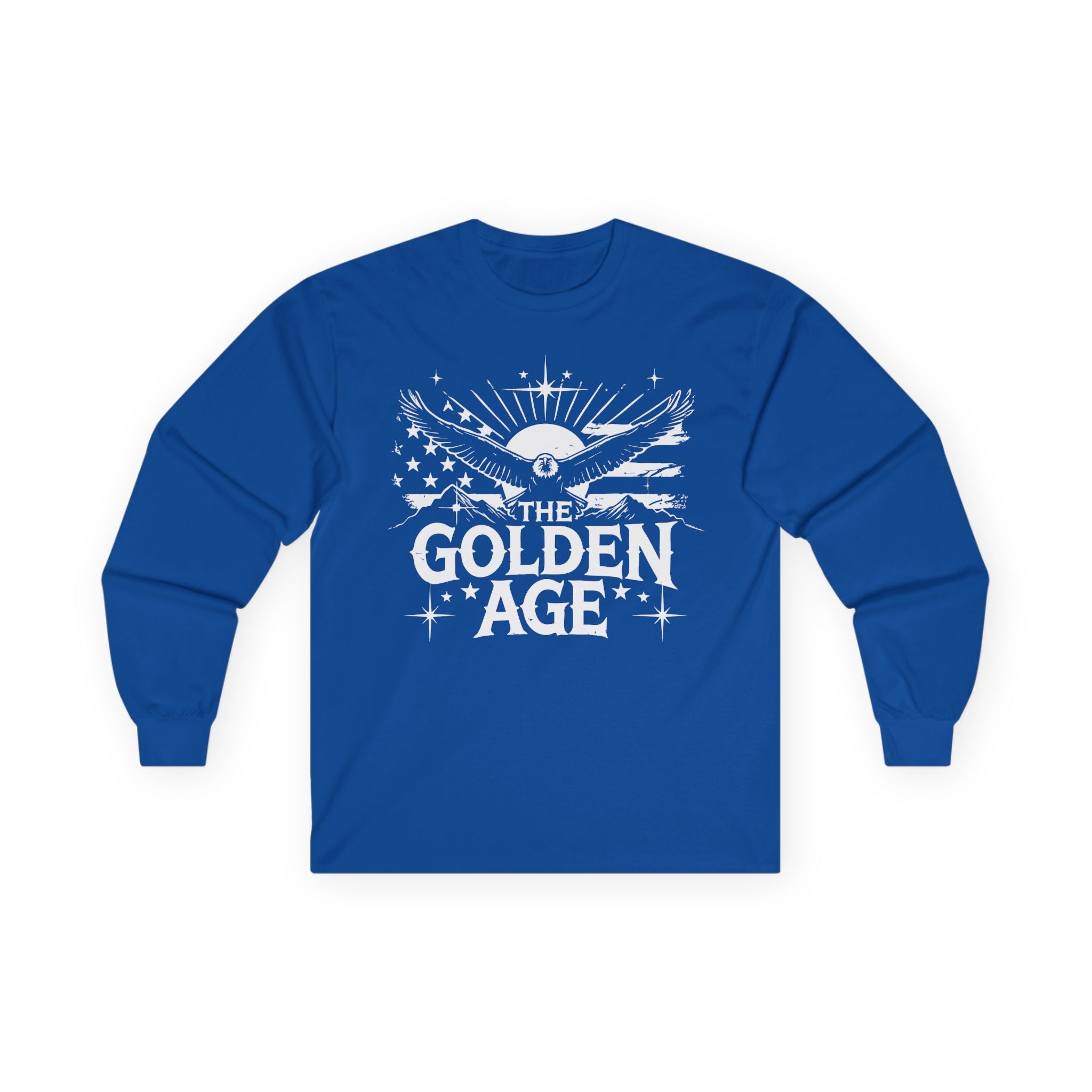 A blue long sleeve unisex t-shirt with 'THE GOLDEN AGE' printed in white text on the front.