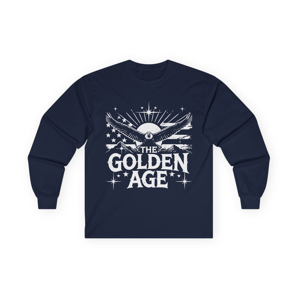 A blue long sleeve T-shirt with 'THE GOLDEN AGE' printed in white text on the front.