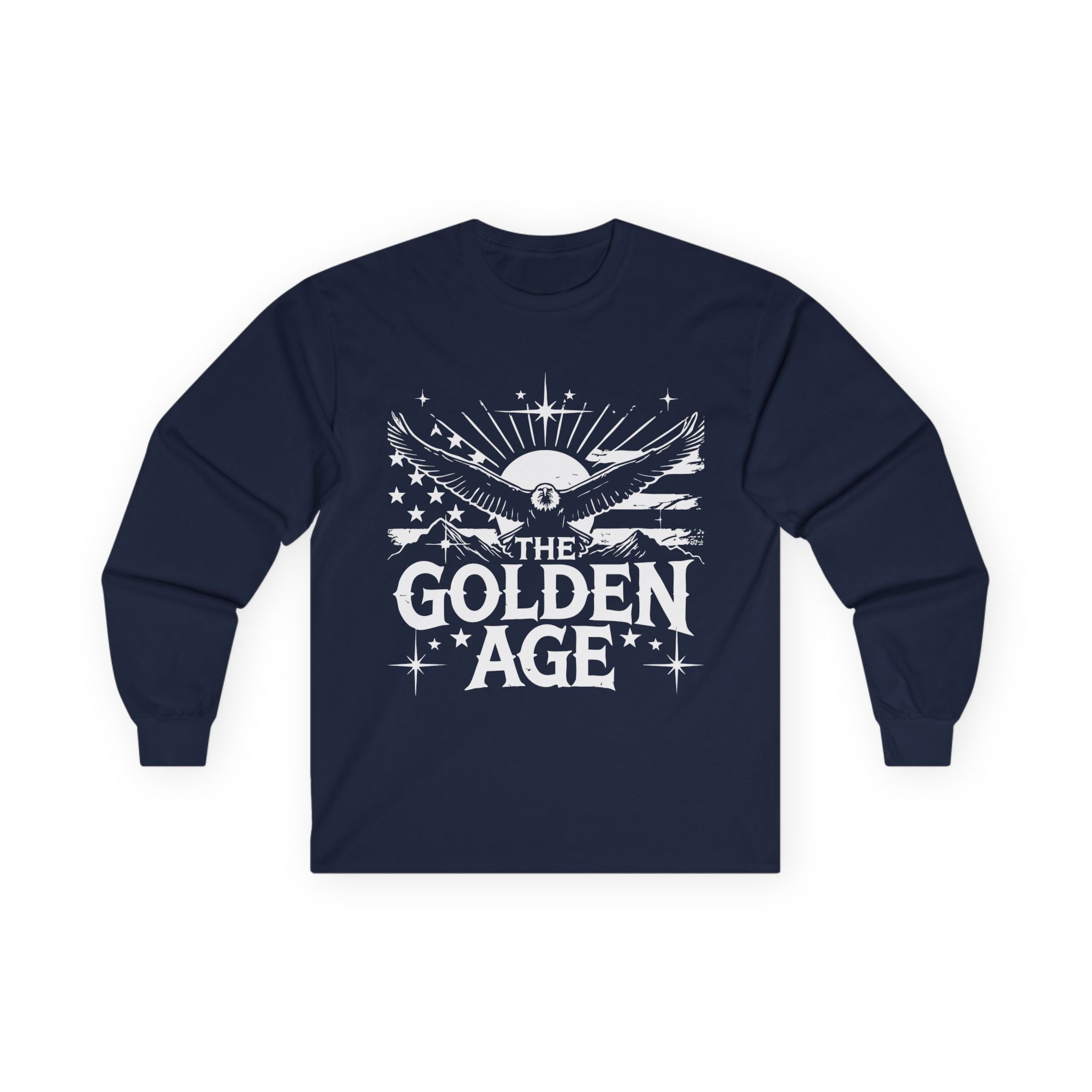 A blue long sleeve T-shirt with 'THE GOLDEN AGE' printed in white text on the front.