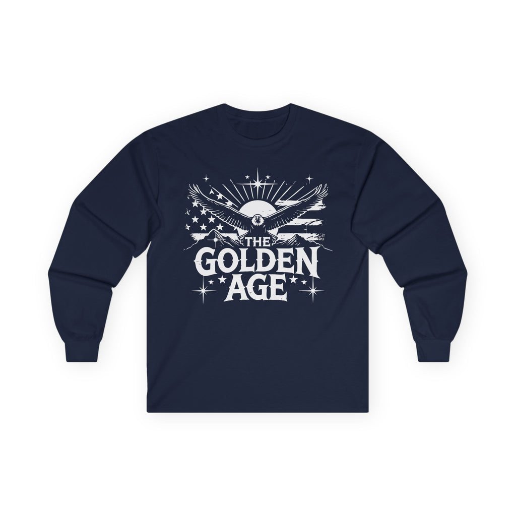 A dark blue long sleeve unisex t-shirt with 'THE GOLDEN AGE' printed in white text on the front.