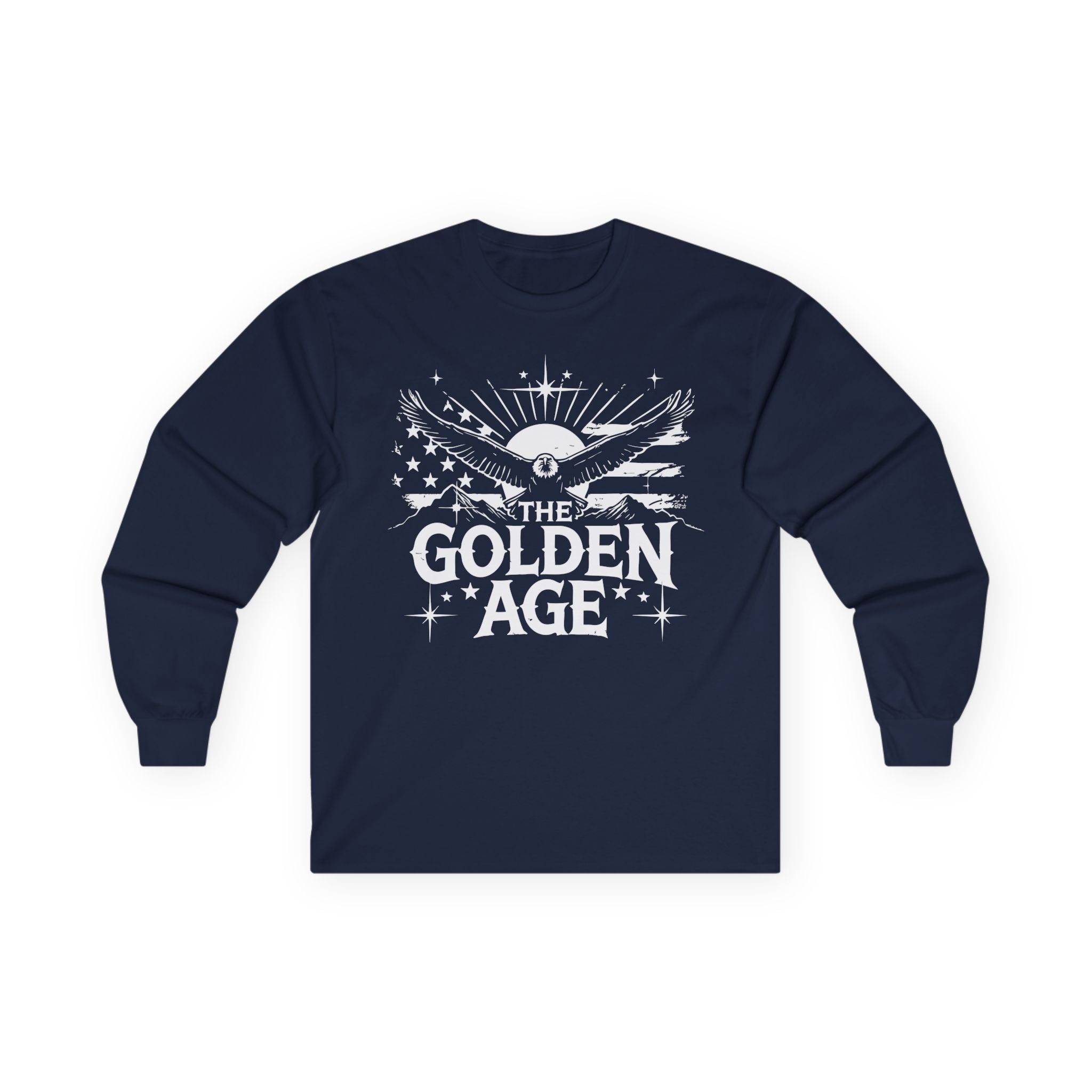 A dark blue long sleeve unisex t-shirt with 'THE GOLDEN AGE' printed in white text on the front.