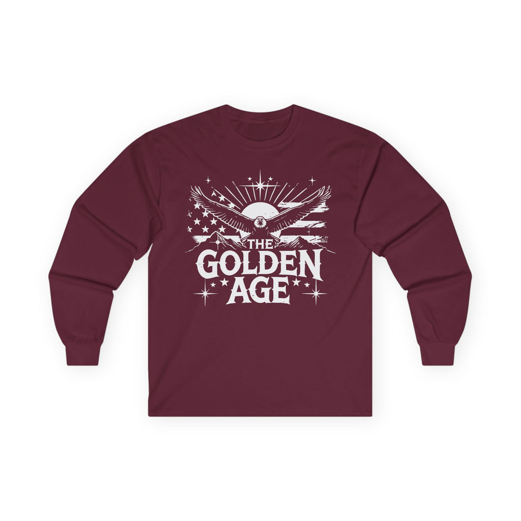 A maroon long sleeve unisex t-shirt with 'THE GOLDEN AGE' printed in white text on the front.