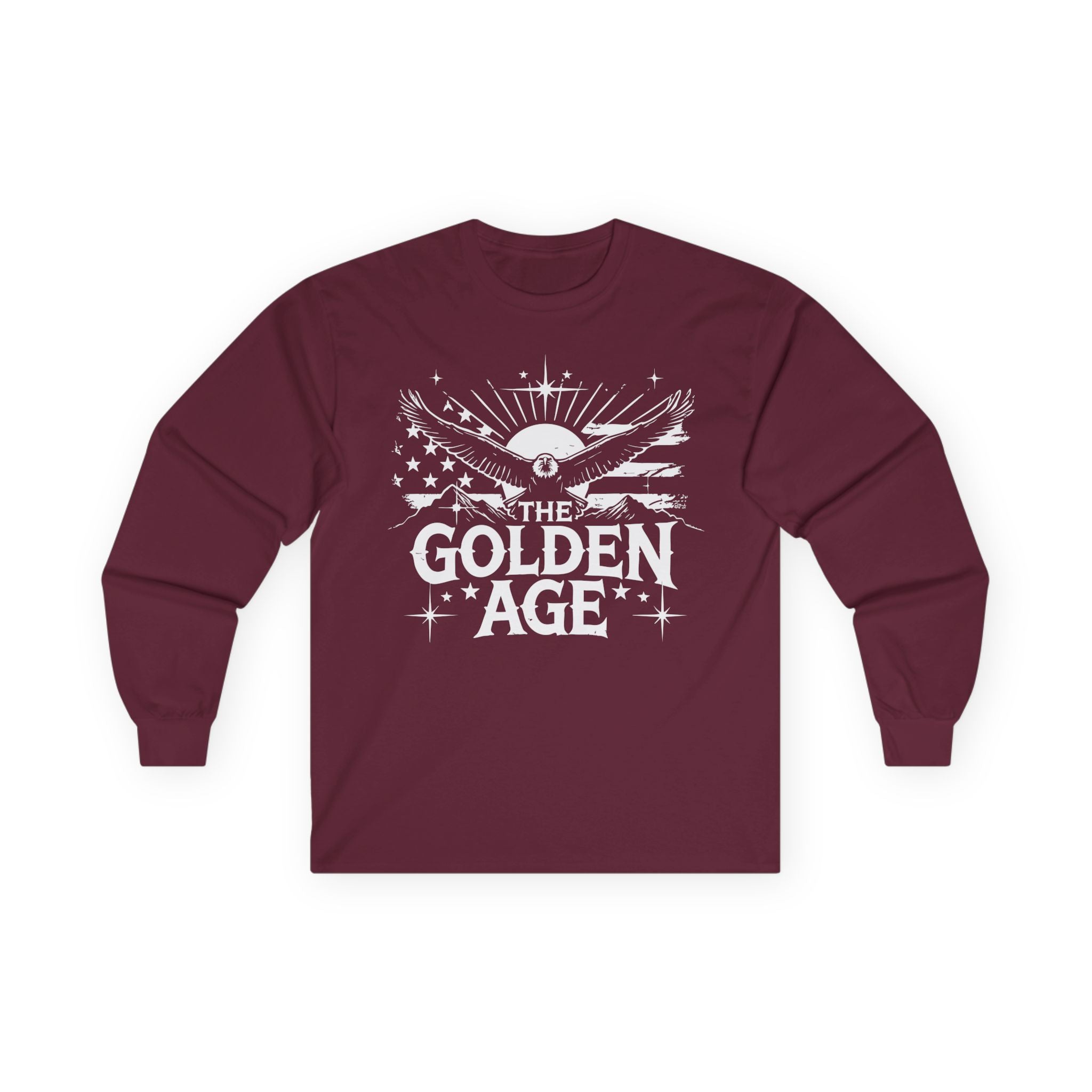 A maroon long sleeve unisex t-shirt with 'THE GOLDEN AGE' printed in white text on the front.