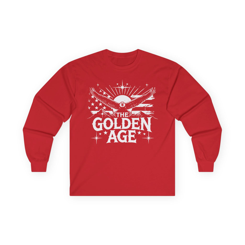A red long sleeve unisex t-shirt with 'THE GOLDEN AGE' printed in white text on the front.