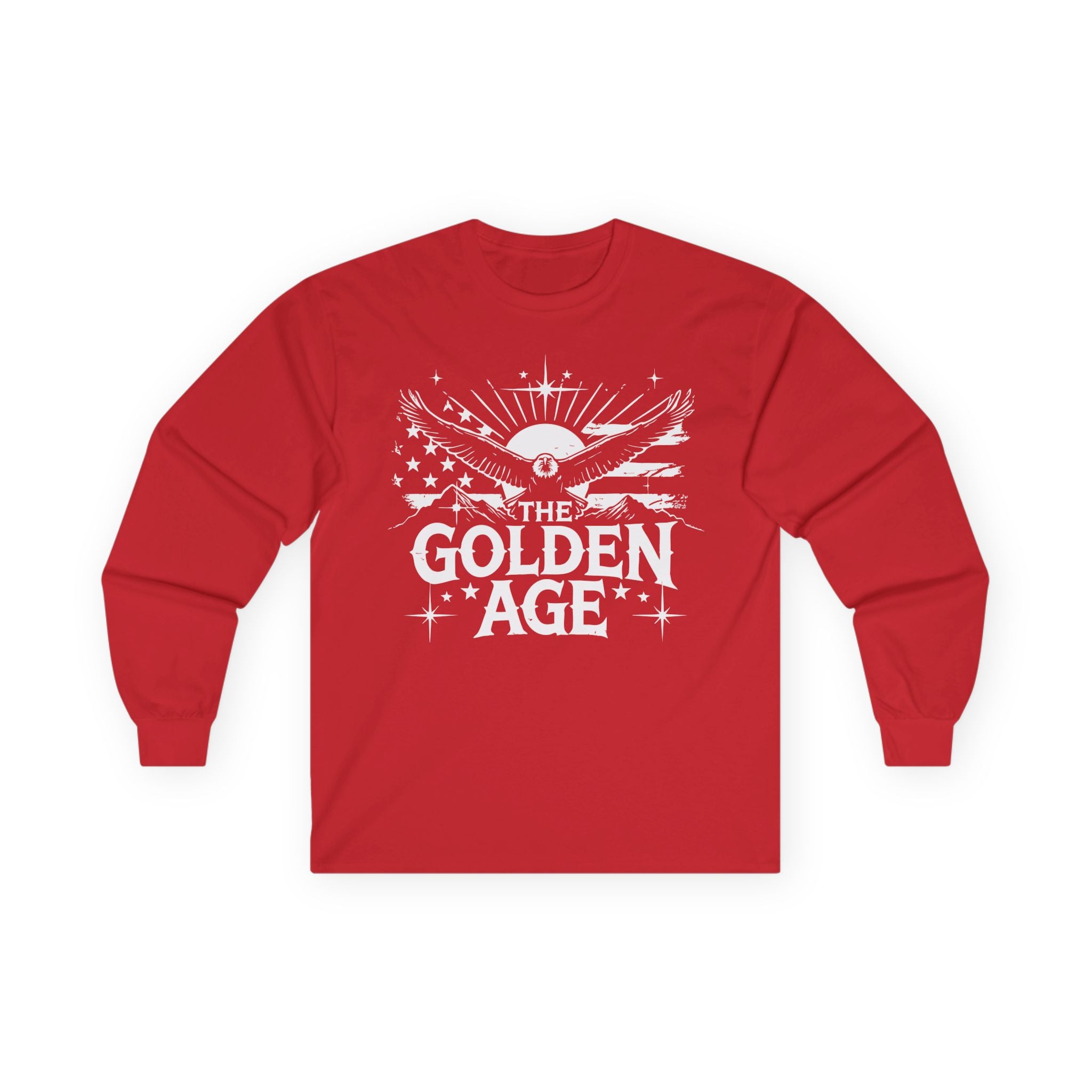 A red long sleeve unisex t-shirt with 'THE GOLDEN AGE' printed in white text on the front.