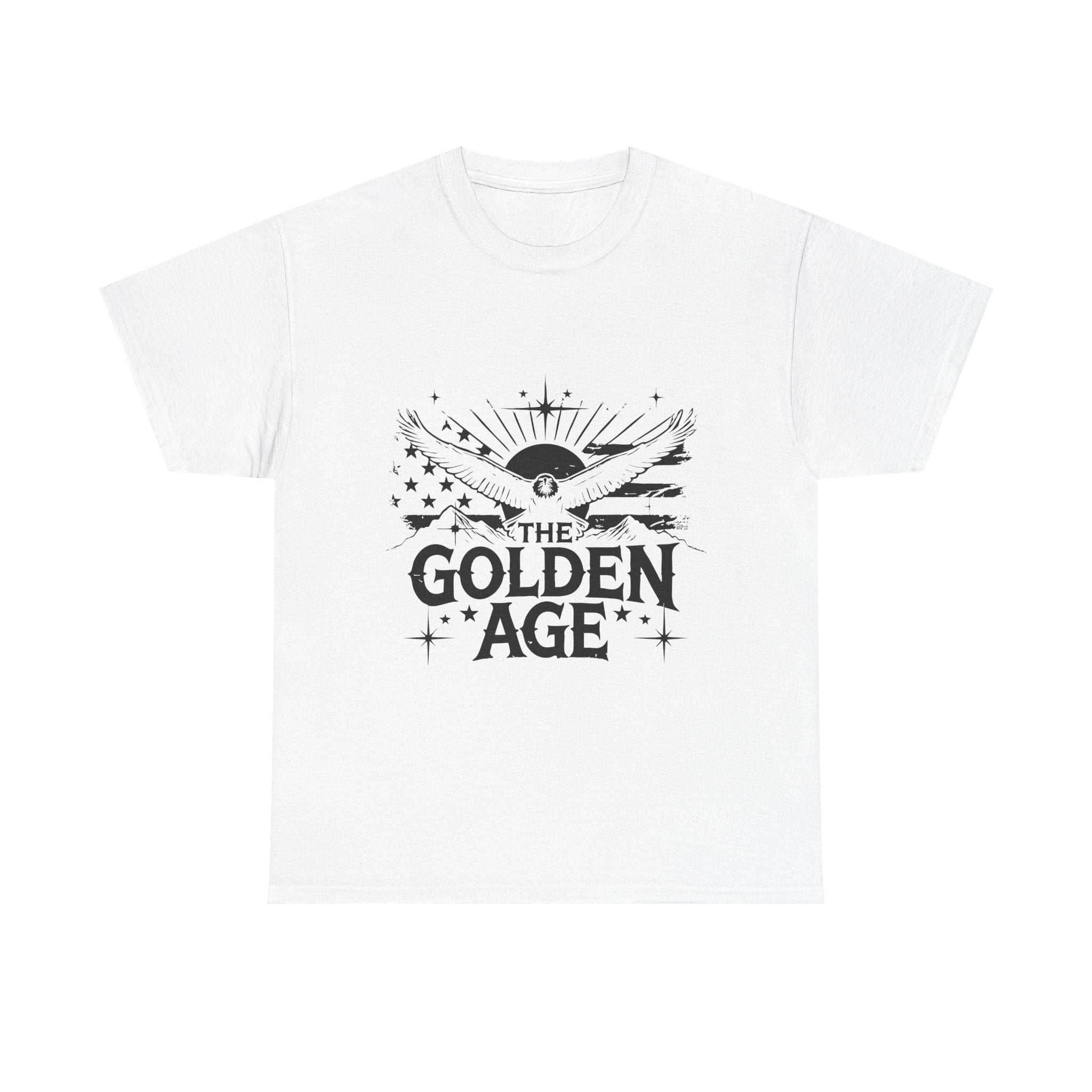 White crew neck t-shirt with 'THE GOLDEN AGE' graphic print in the center.