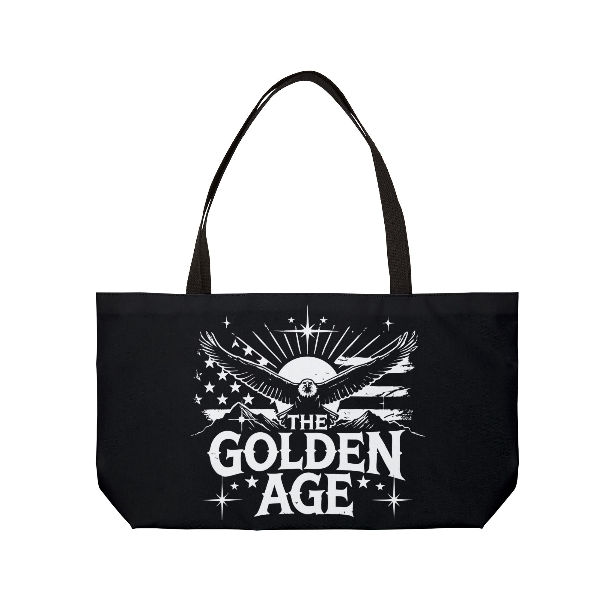 A black weekender tote bag with a graphic print of an eagle and the text 'THE GOLDEN AGE' on the front.