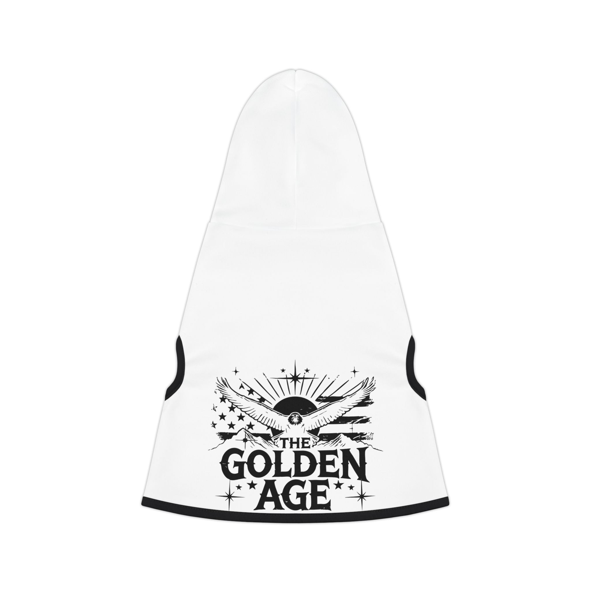 White pet hoodie with black trim and black text "The Golden Age" with American flag, bald eagle, mountains, stars and sun artistic image #TheGoldenAge #American #MadeinAmerica #MadeinUSA #USA #USApride #America #mountains #sun #Americanflag #USAflag #doghoodie #dog #dogs  #pethoodie #pet #pets #americanmade #americanmadeproduct #americanmadeproducts  #americanmade #americanmadeproduct #americanmadeproducts #productsmadeinAmerica #productmadeinUSA #productsmadeinUSA
