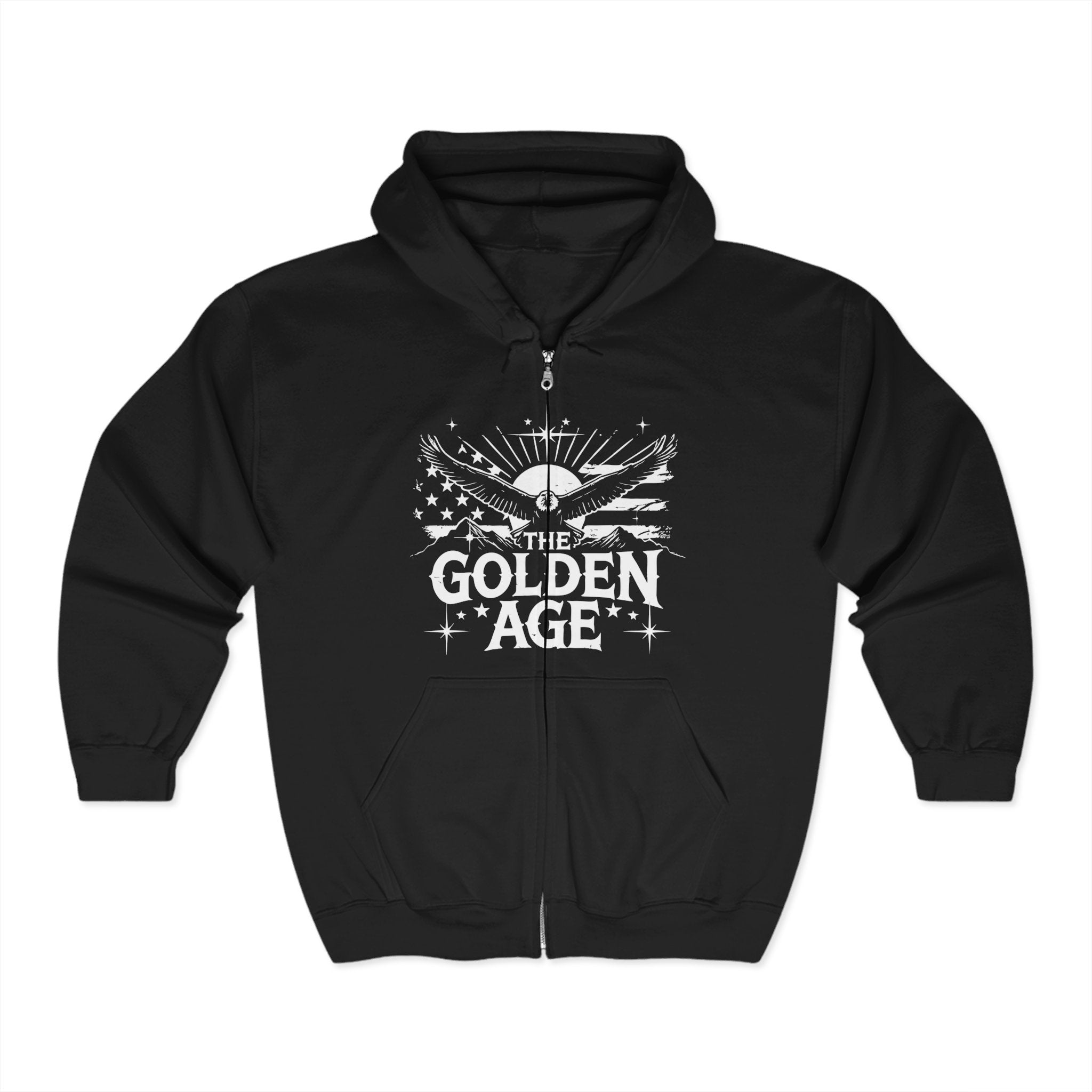A black full zip hoodie with 'THE GOLDEN AGE' text and graphics on the front.