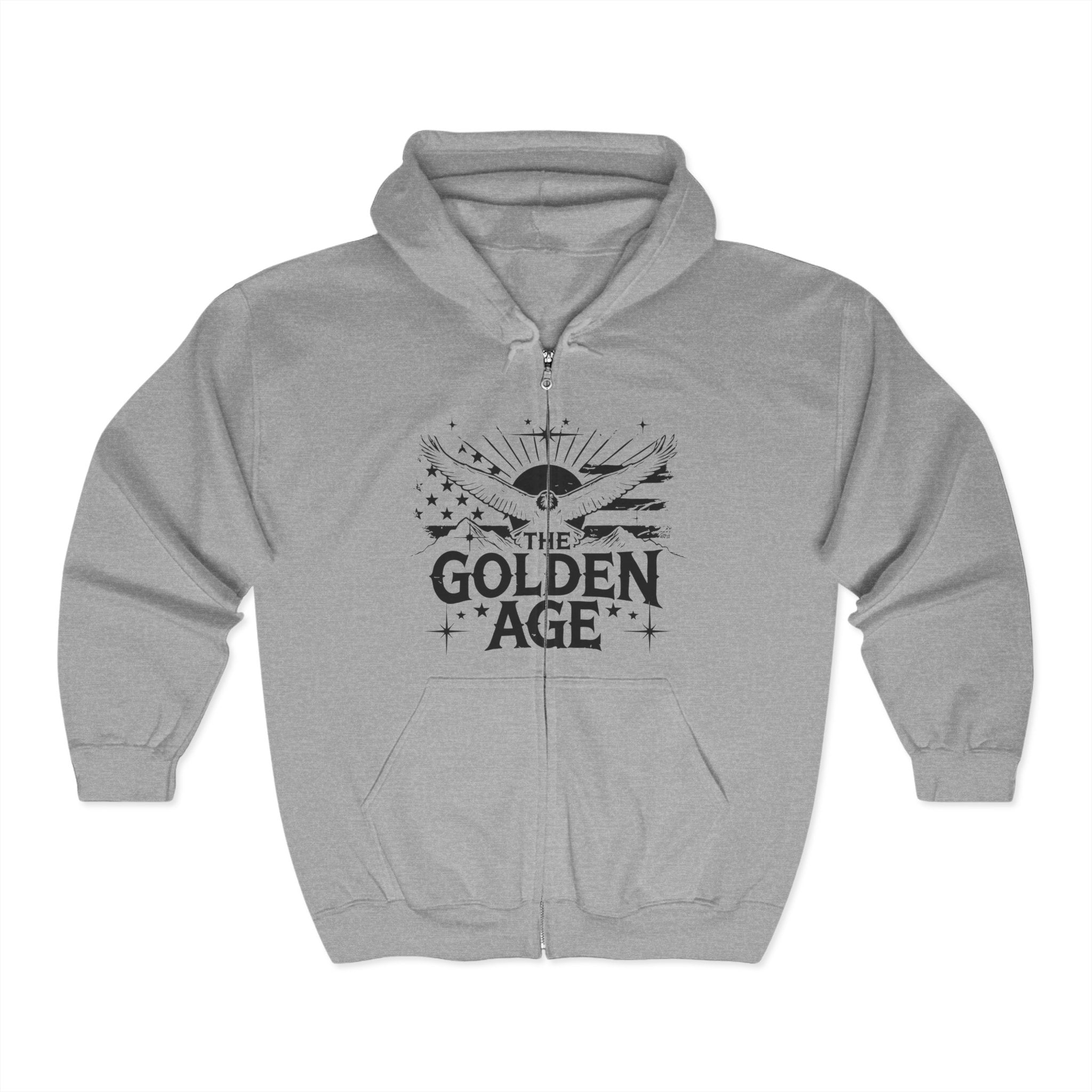 A gray zip hoodie with 'THE GOLDEN AGE' printed on the front.