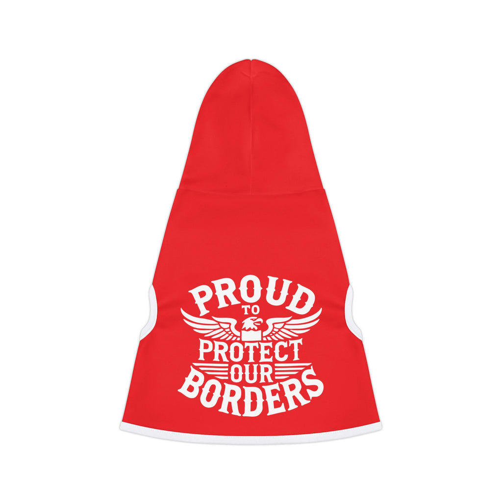 Red pet vest with 'Proud to Protect Our Borders' text on a white background