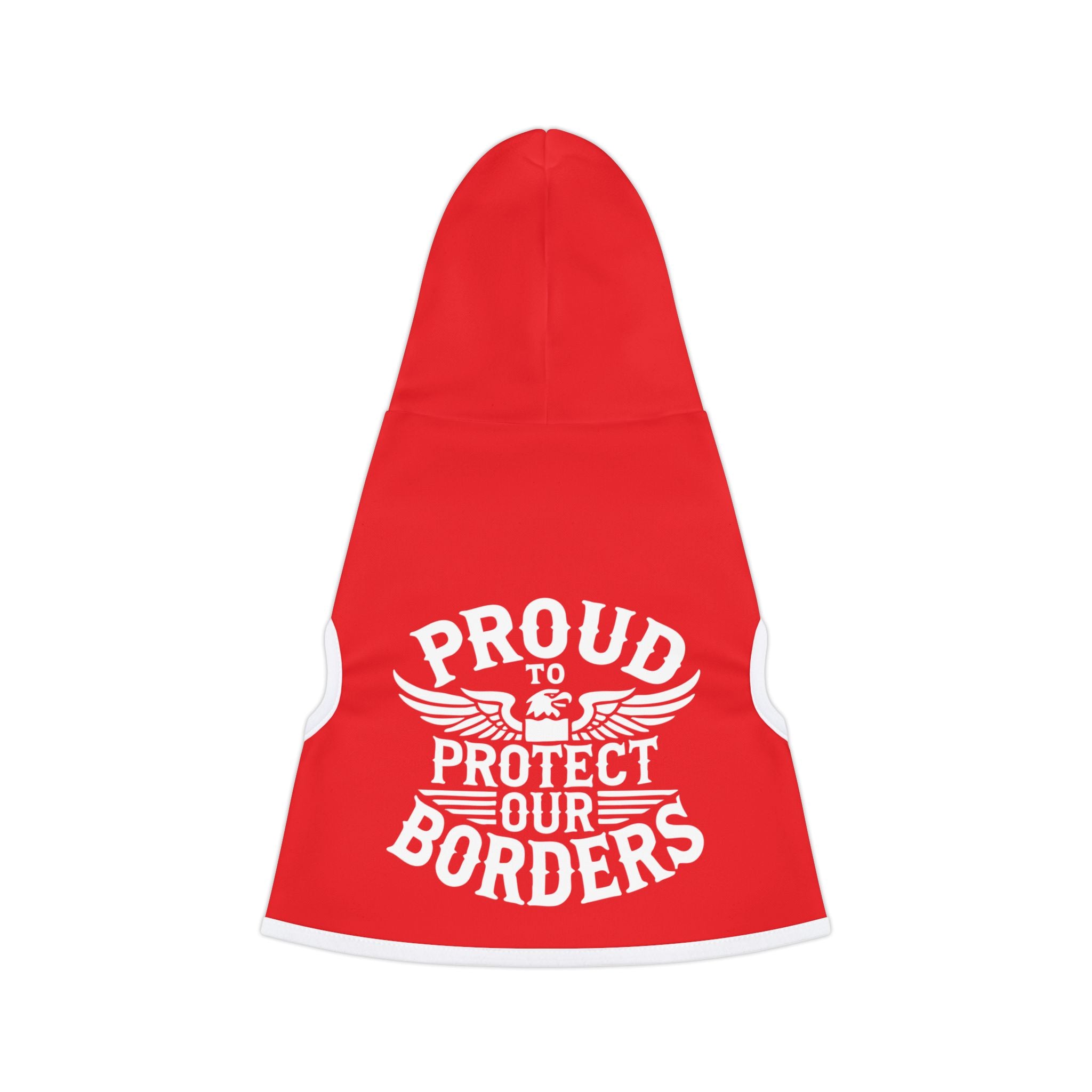 Red pet vest with 'Proud to Protect Our Borders' text on a white background