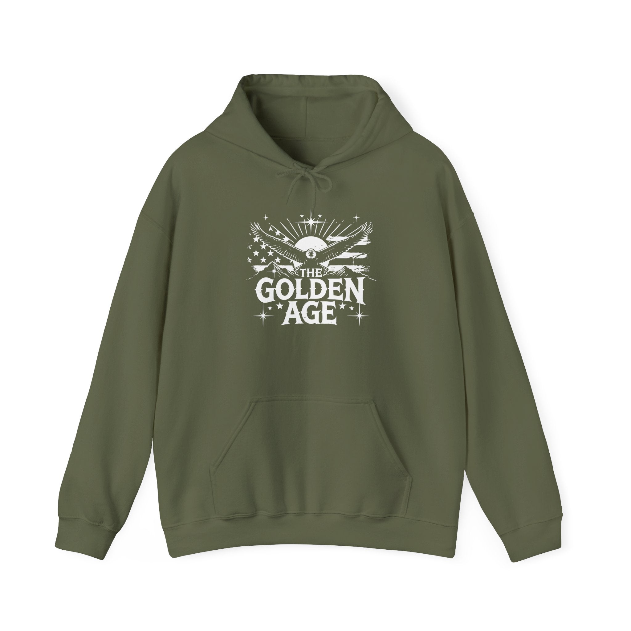 Green unisex heavy blend hoodie with 'The Golden Age' text and graphics on the front.