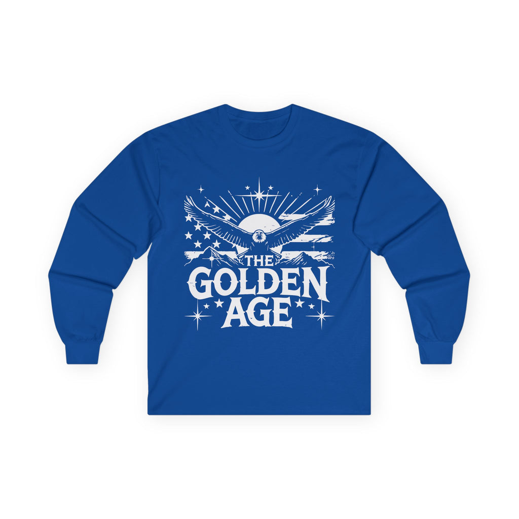 A blue long sleeve T-shirt with 'THE GOLDEN AGE' printed in white text on the front.