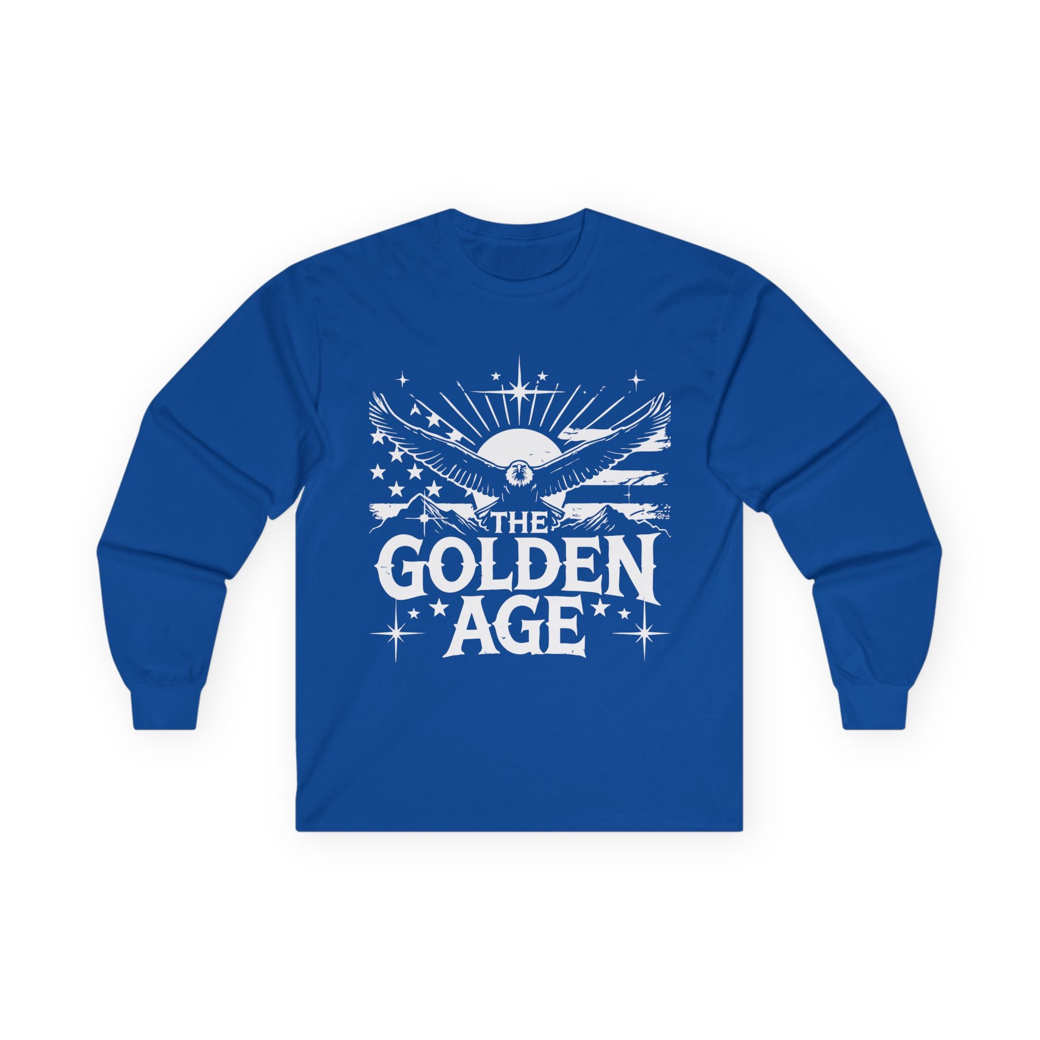 A blue long sleeve T-shirt with 'THE GOLDEN AGE' printed in white text on the front.