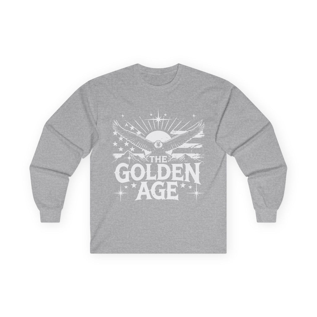 A gray long sleeve T-shirt with 'THE GOLDEN AGE' printed in white text on the front.
