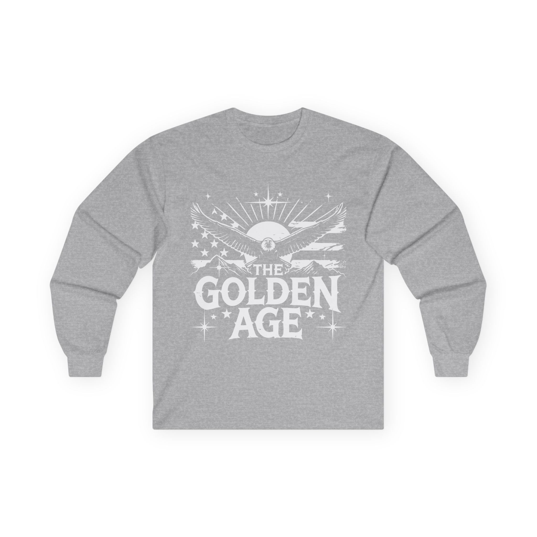 A gray long sleeve T-shirt with 'THE GOLDEN AGE' printed in white text on the front.