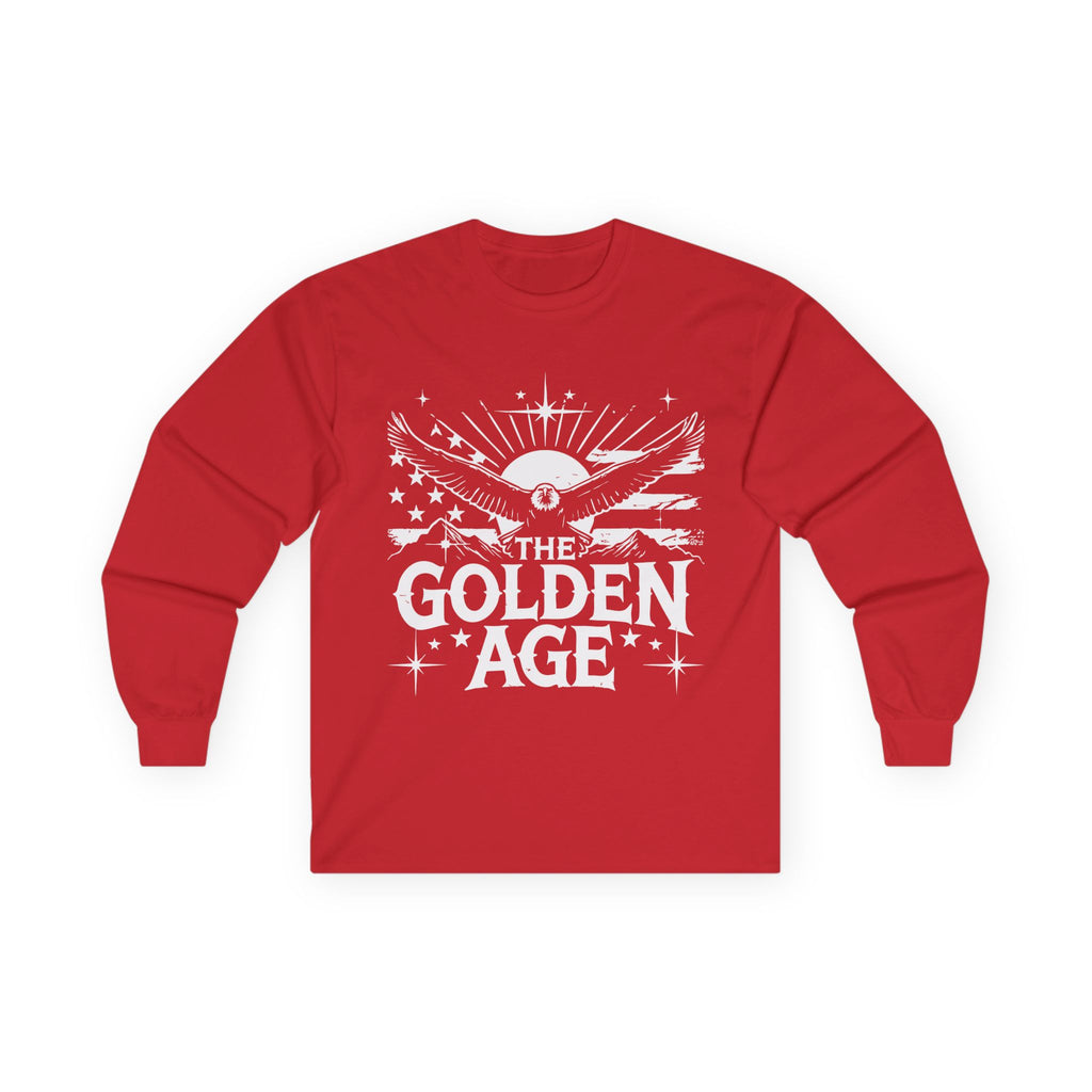 A red long sleeve T-shirt with 'THE GOLDEN AGE' printed in white text on the front.